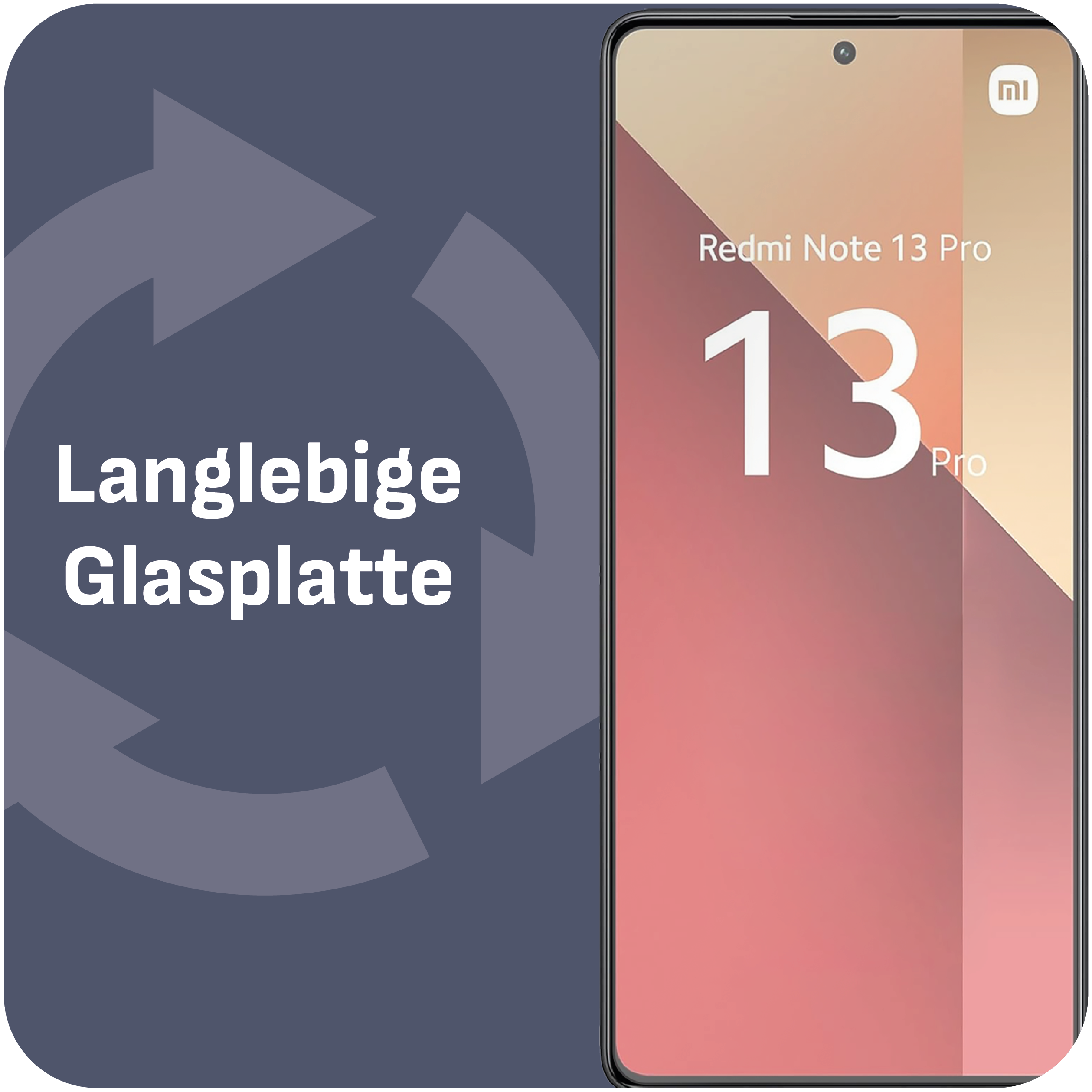 Telefonbildschirm mit Modellnamen, Pfeilgrafik. Text: Langlebige Glasplatte.
