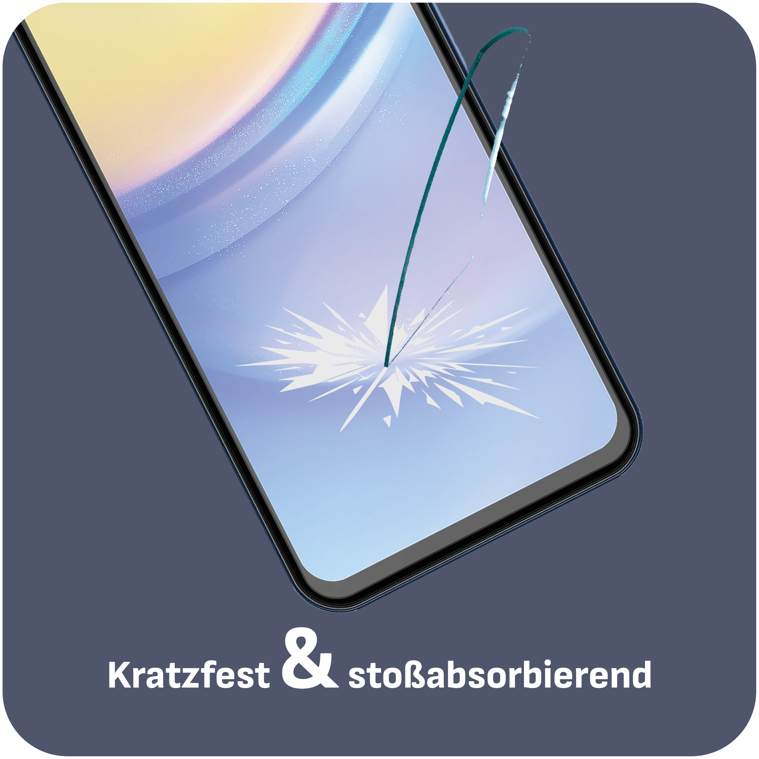 Displayschutzfolie mit Riss-Effekt und Text 'Kratzfest & stoßabsorbierend' darunter.