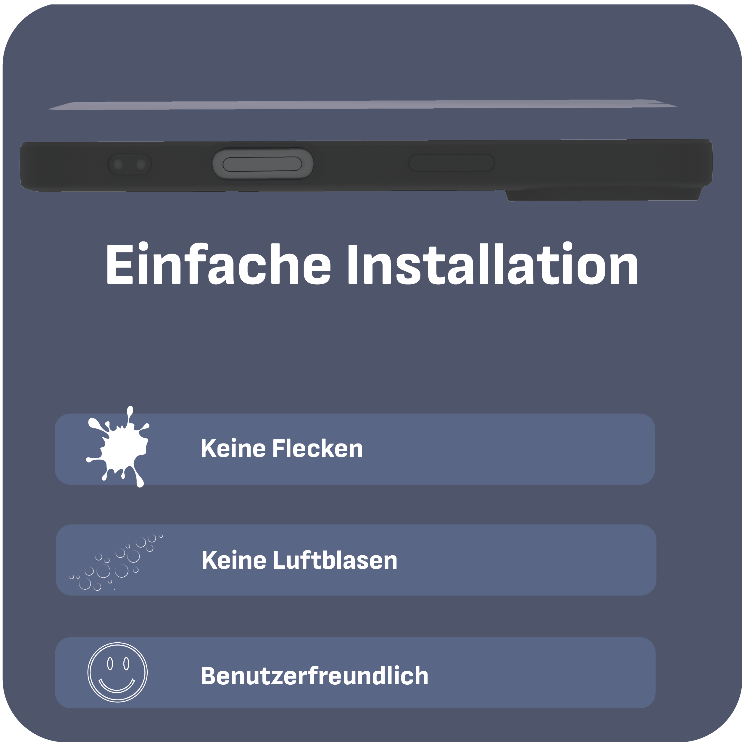Schwarze Handyhülle mit Text und drei Symbolen: keine Flecken, keine Blasen, benutzerfreundlich.