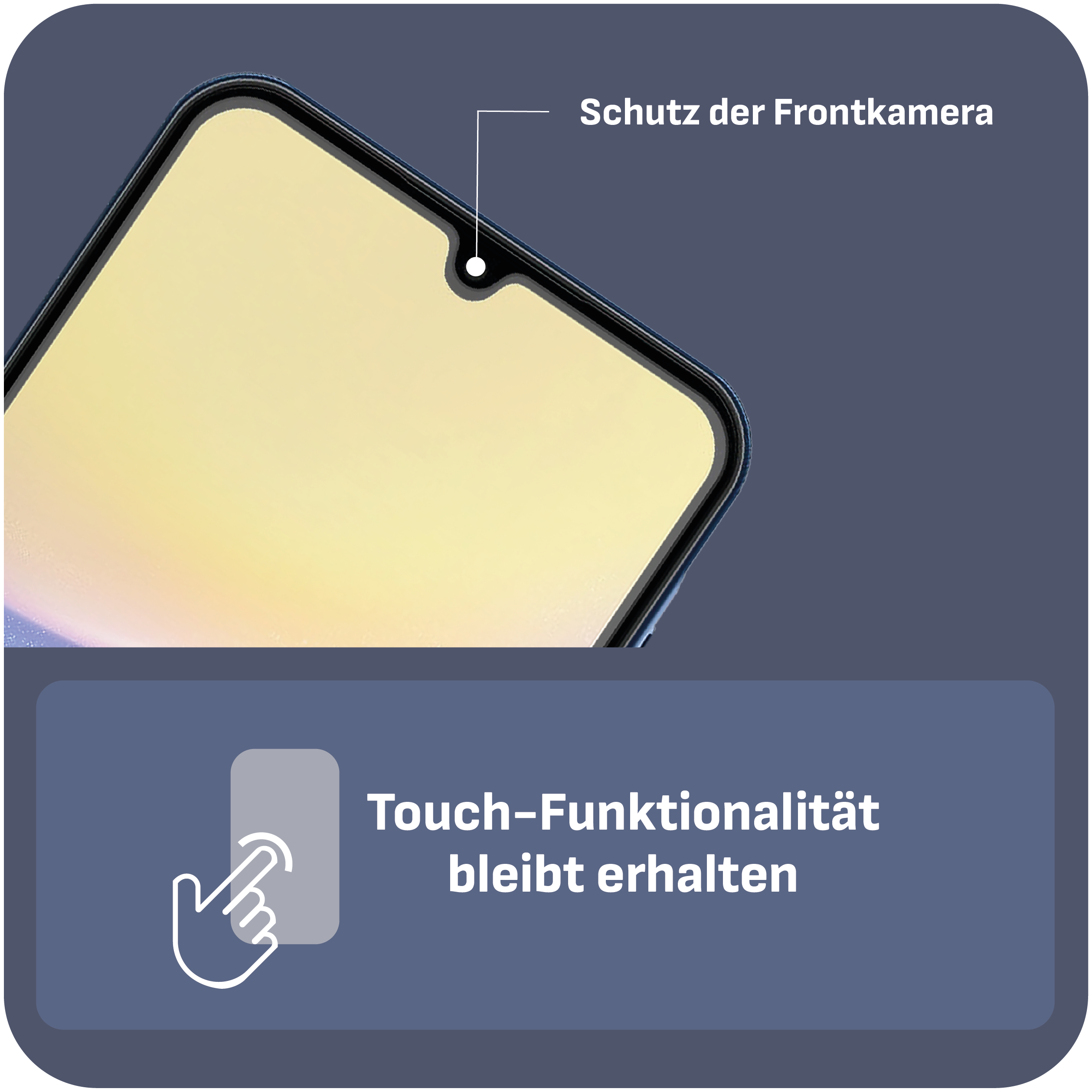 Telefondetail mit installiertem Displayschutz, zeigt die Frontkamera.