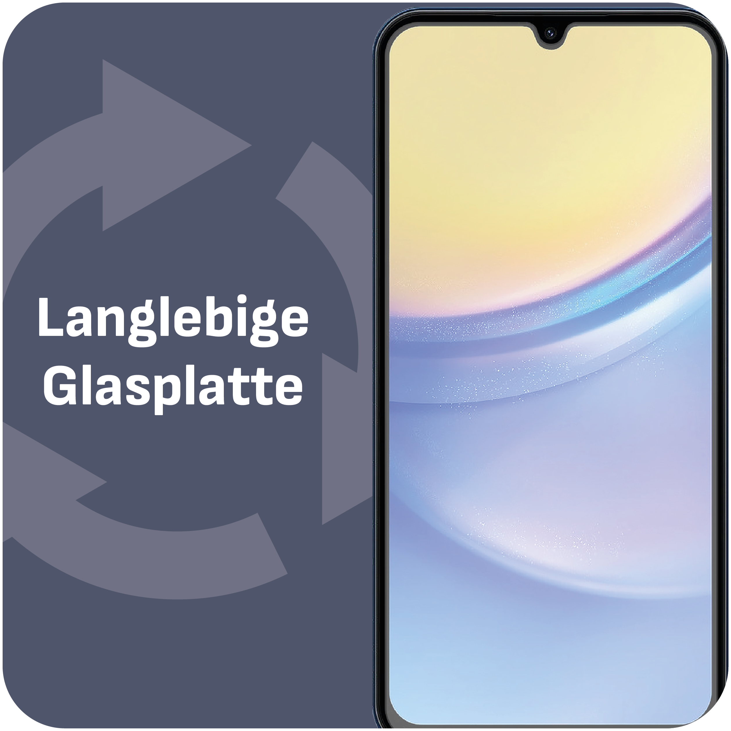 Ein Smartphone mit Bildschirm und Pfeilen. Der Text lautet: 'Langlebige Glasplatte'.