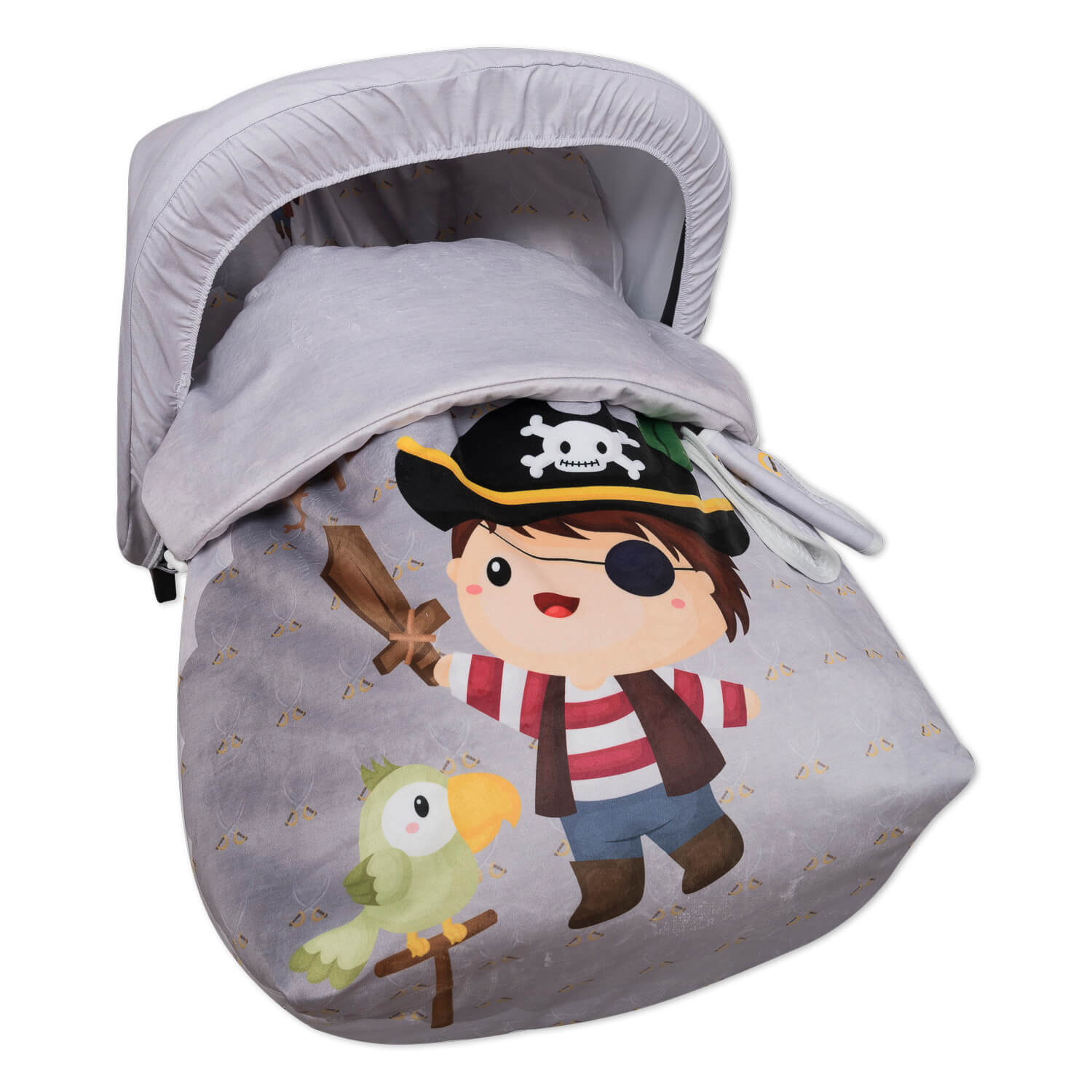 Portabebés gris con tema pirata, con un pirata de dibujos animados y un loro.