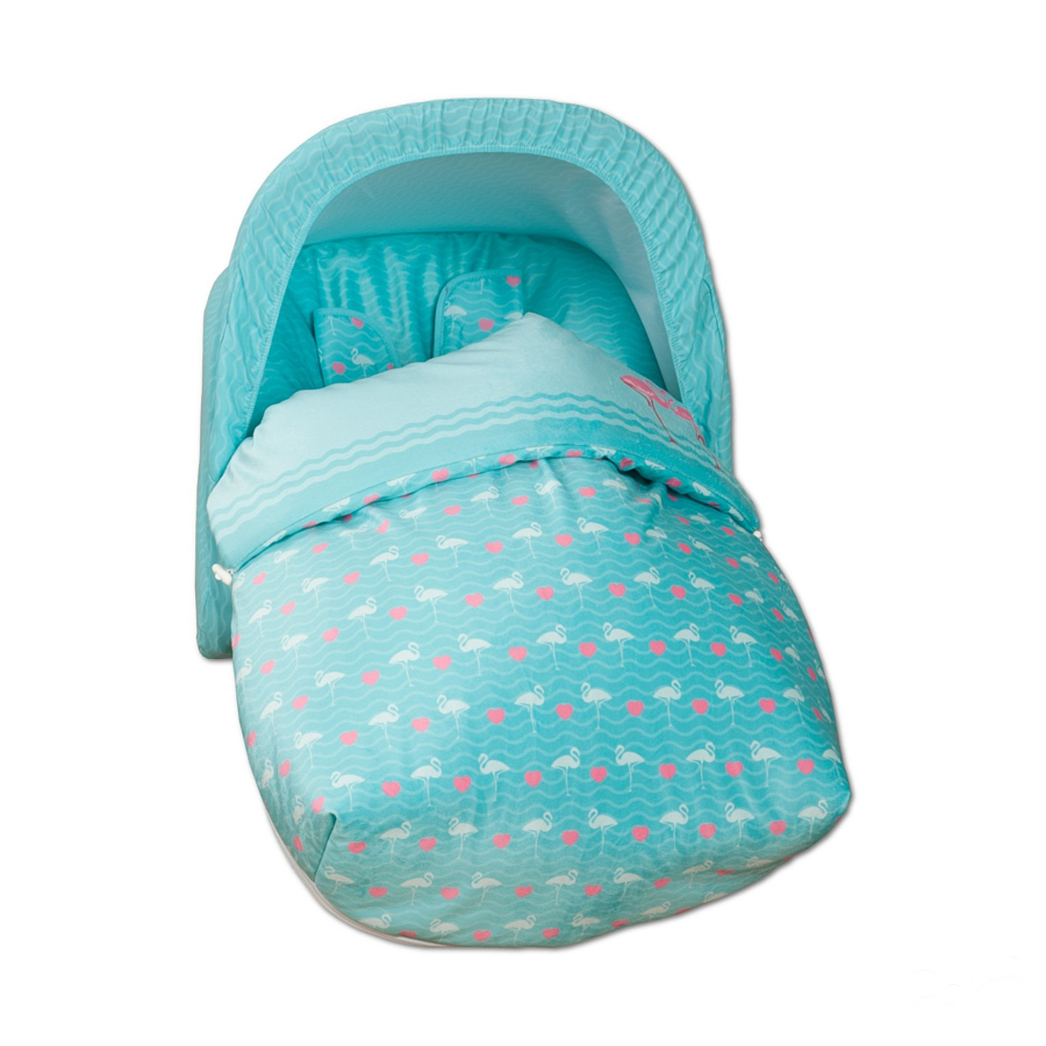 Portabebés turquesa con estampado de flamenco. Tiene una capucha y una almohada.