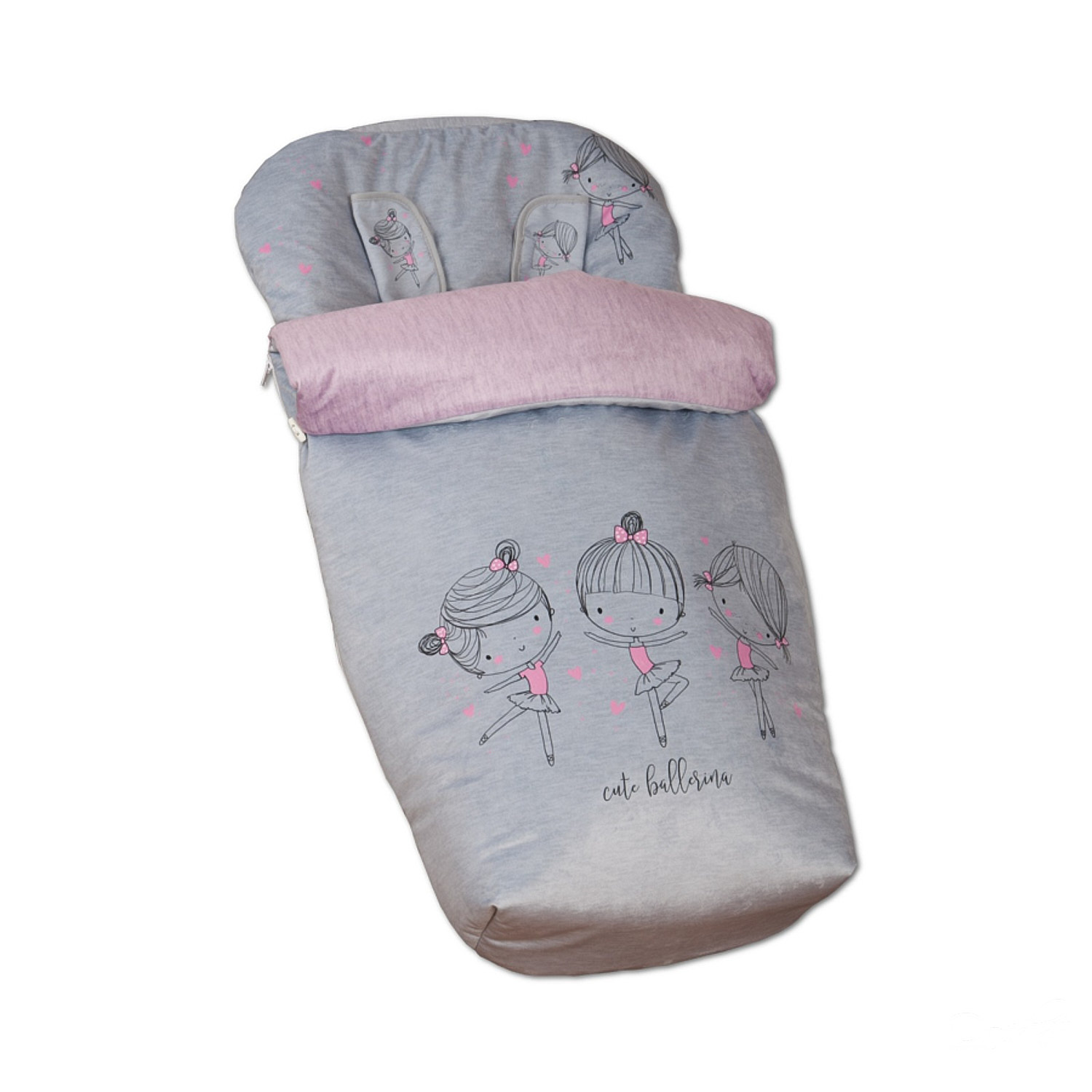 Saco de dormir para bebés con gráficos de bailarinas. Es gris con detalles rosas y una almohada rosa. Texto: Cute ballerina.