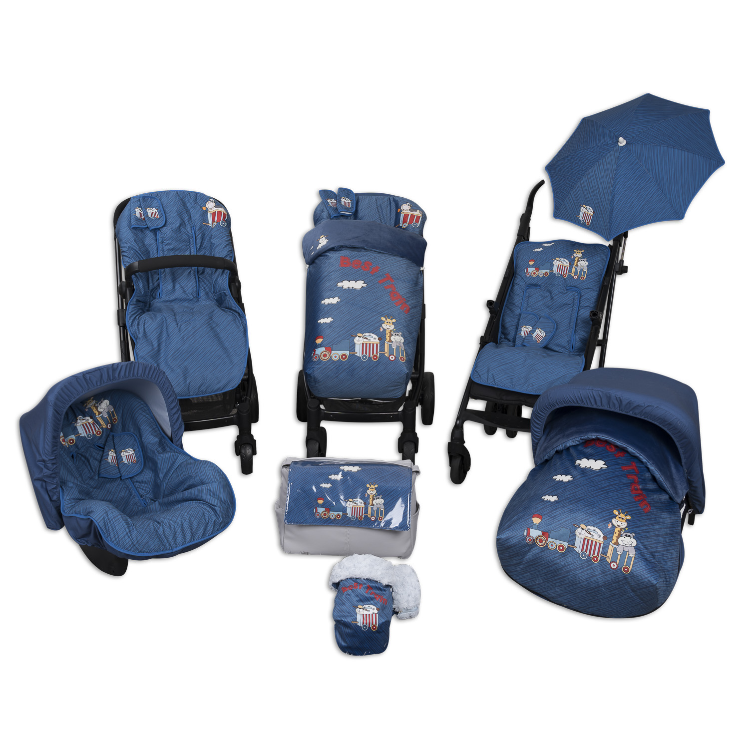 Un conjunto de artículos para bebé: cochecito, asiento de coche, bolso, paraguas y cubiertas, todos con tema de tren.