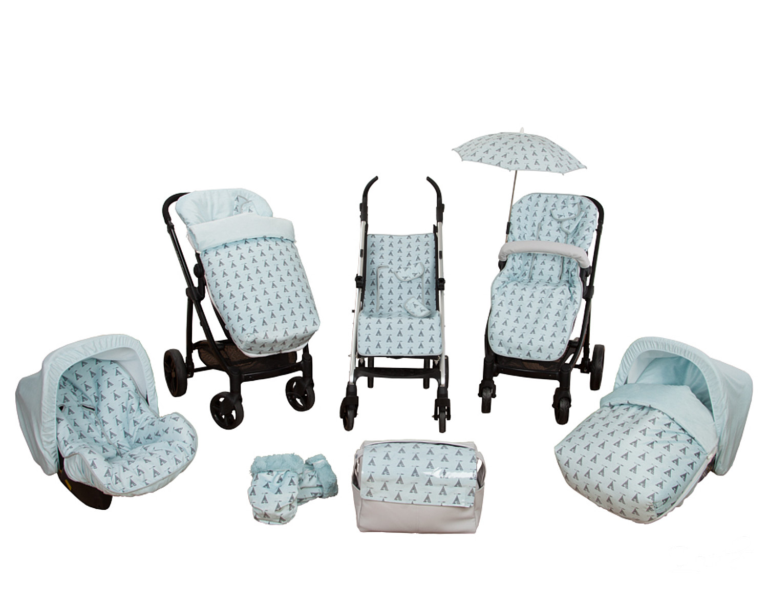 Juego de cochecito de bebé. Incluye cochecito, asiento de coche y otros accesorios con un patrón.