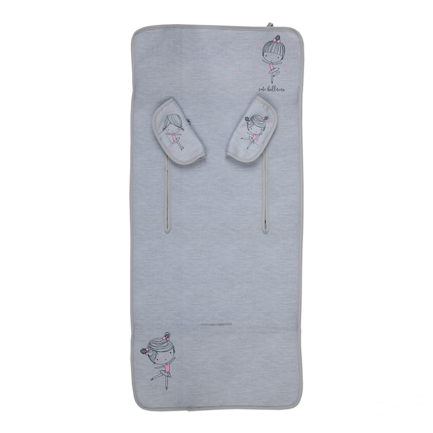 Forro de cochecito gris con ilustraciones de bailarinas. Se incluyen dos fundas para reposacabezas.