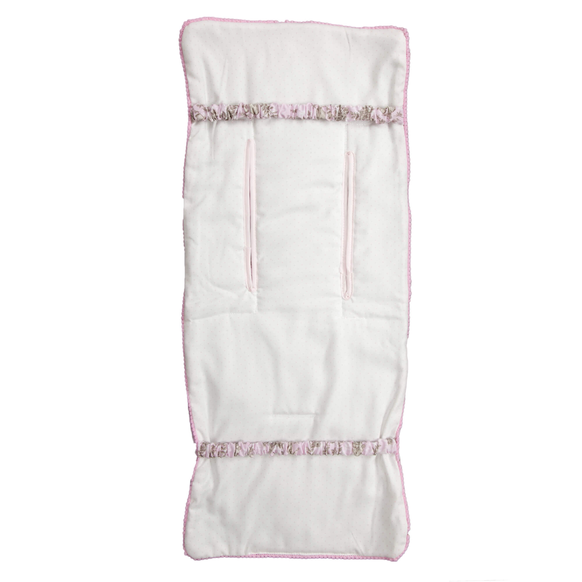 Almohadilla blanca para cochecito con ribete rosa y estampado floral sobre blanco.