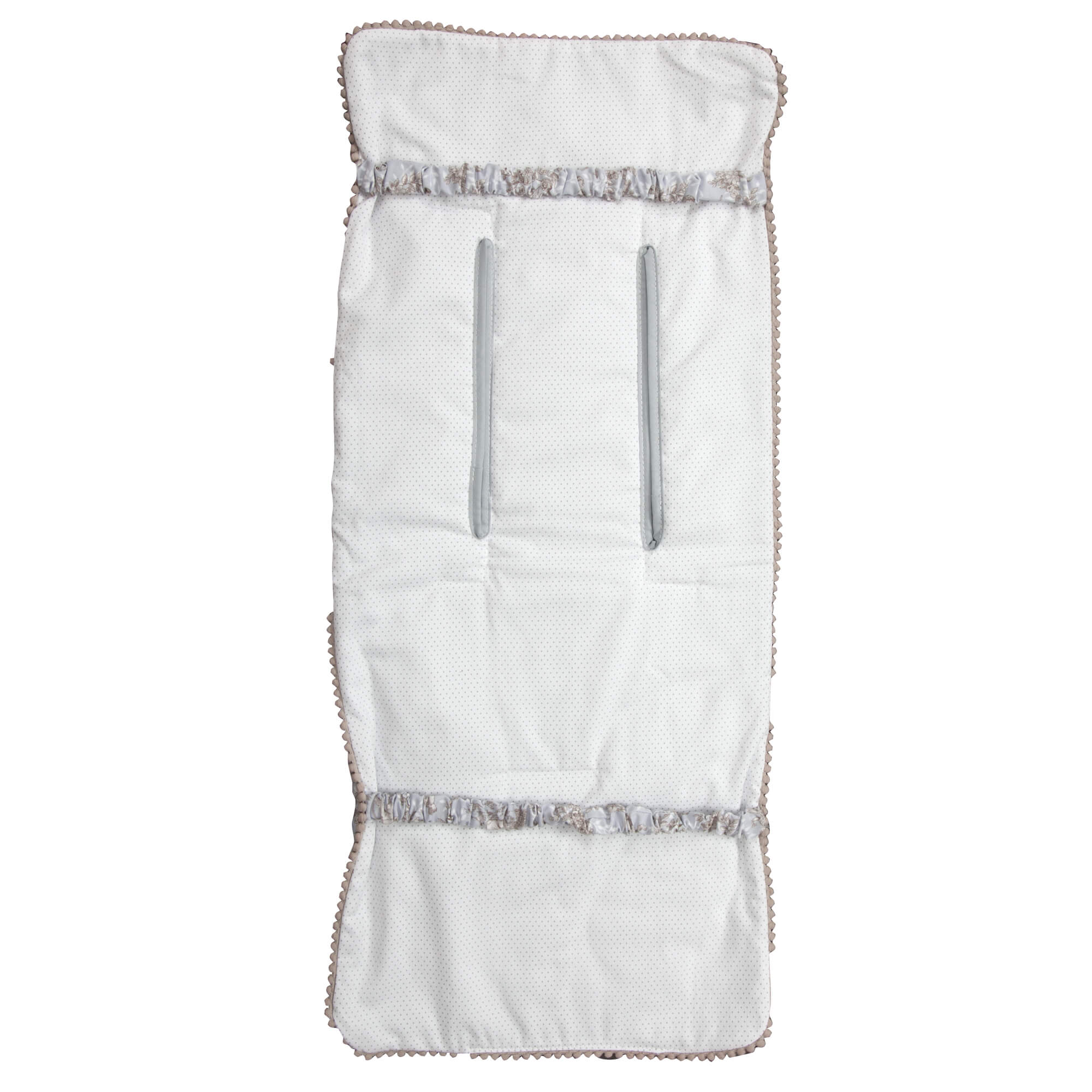 Inserto blanco para cochecito de bebé, tela con puntos y acentos grises, dos ranuras grises.