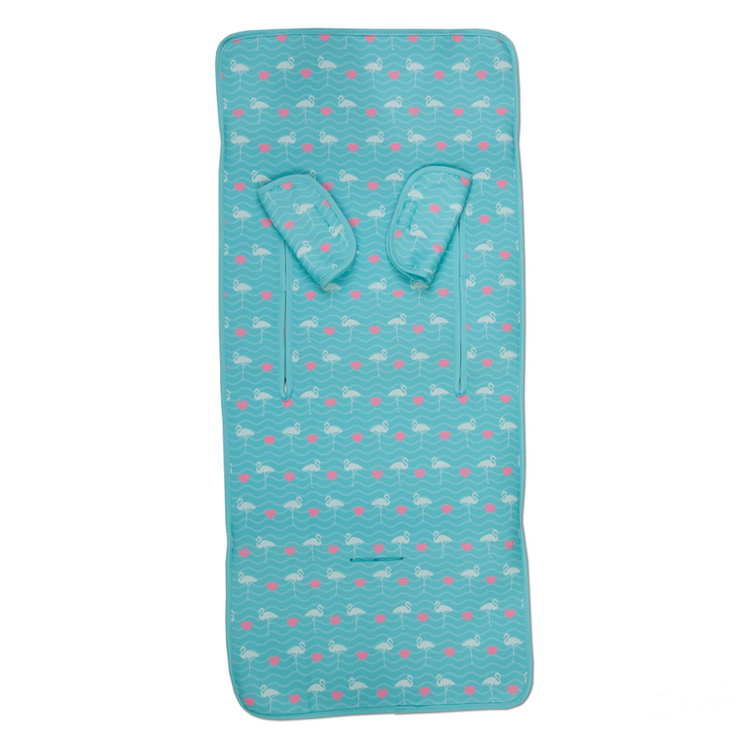 Forro de asiento de cochecito con estampado de flamencos y corazones, fondo turquesa, blanco.