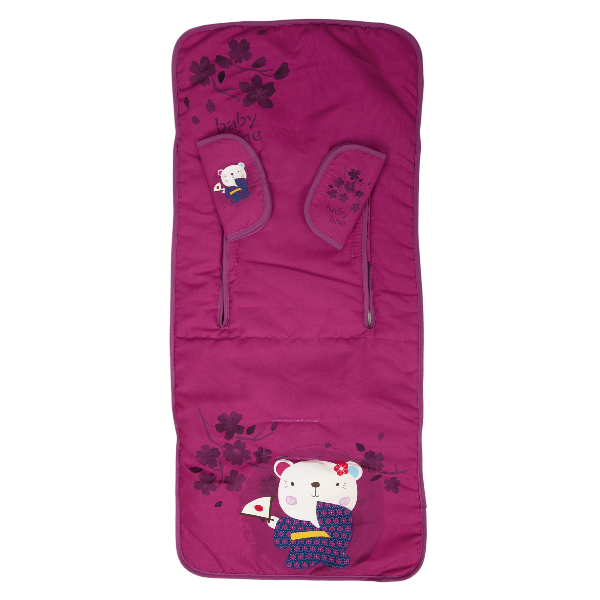 Inserto rosa para cochecito de bebé con diseño de oso y flores. Fondo blanco.