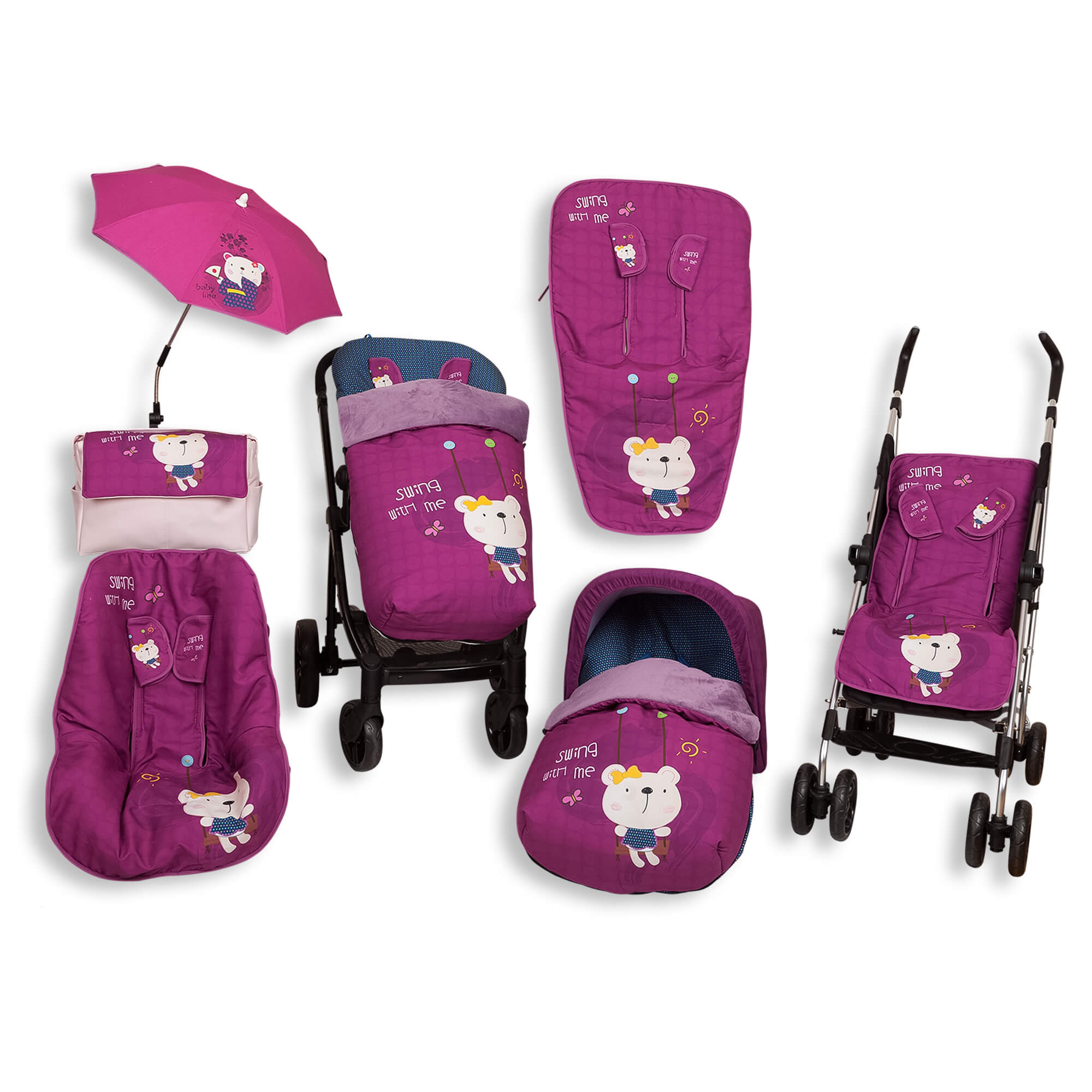 Conjunto de artículos para bebé: cochecito, accesorios y paraguas rosa. Todos con motivos de oso.