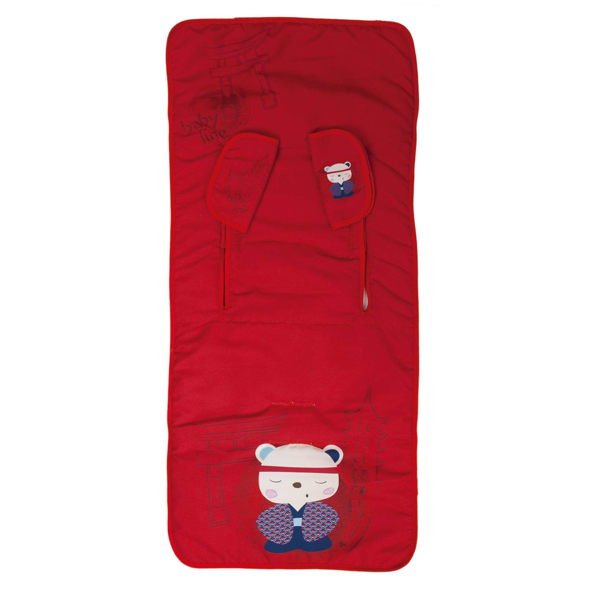 Forro de cochecito de bebé rojo con ilustraciones de osos, detalles azules y templos japoneses.