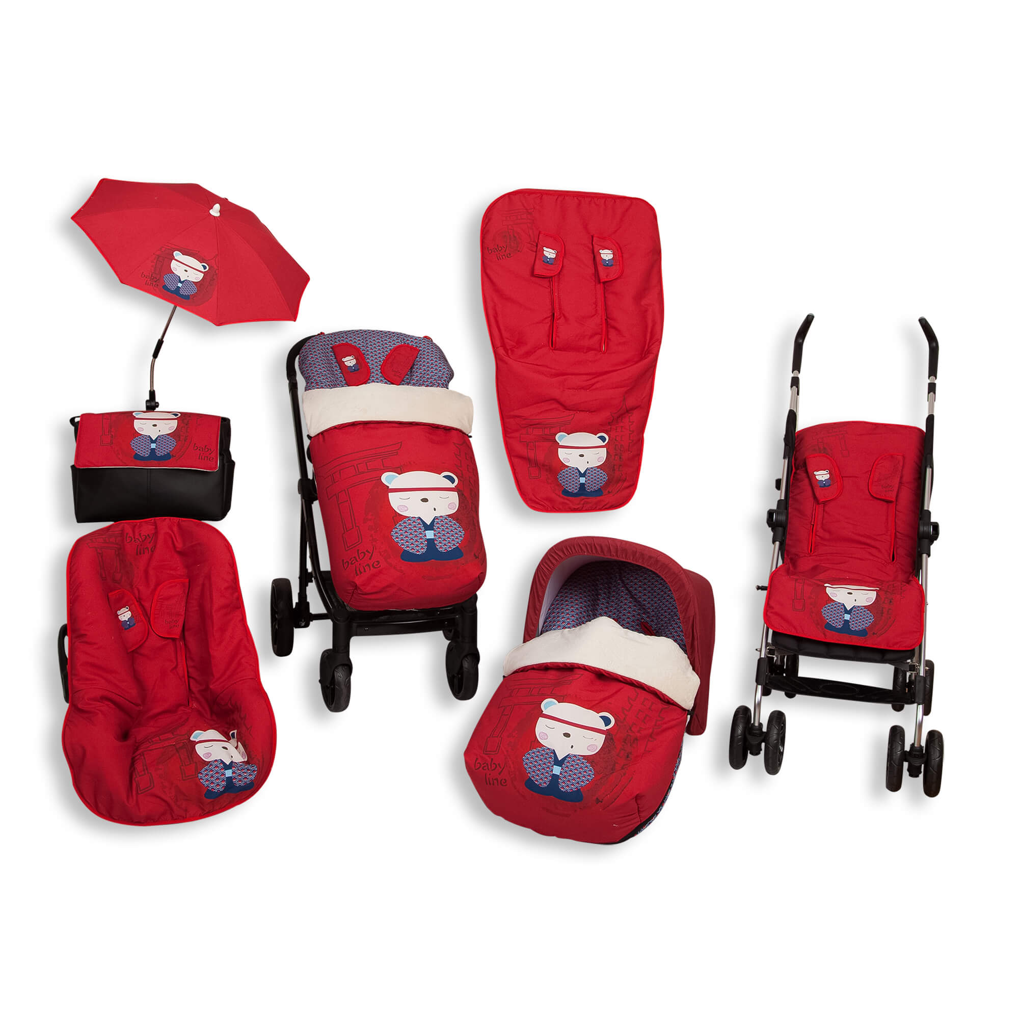 Set de cochecito de bebé rojo con paraguas rojo y accesorios. Fondo blanco.