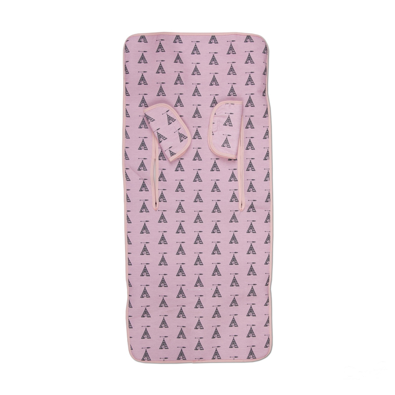 Cambiador de bebé con fondo rosa y un patrón de tipis negros.
