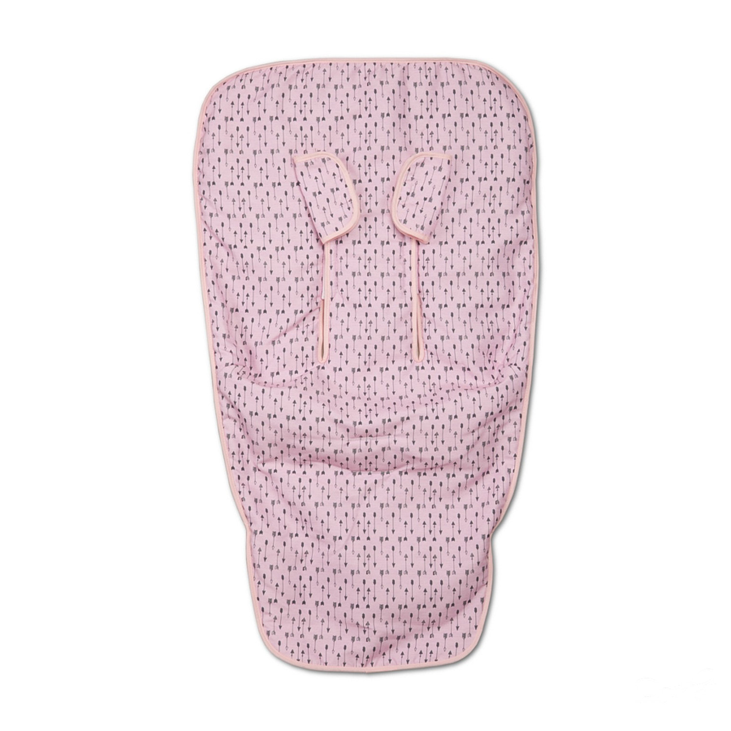 Inserto de asiento de bebé rosa. Patrón de flechas negras. Ribete rosa y ranuras para correas. El asiento mira arriba.