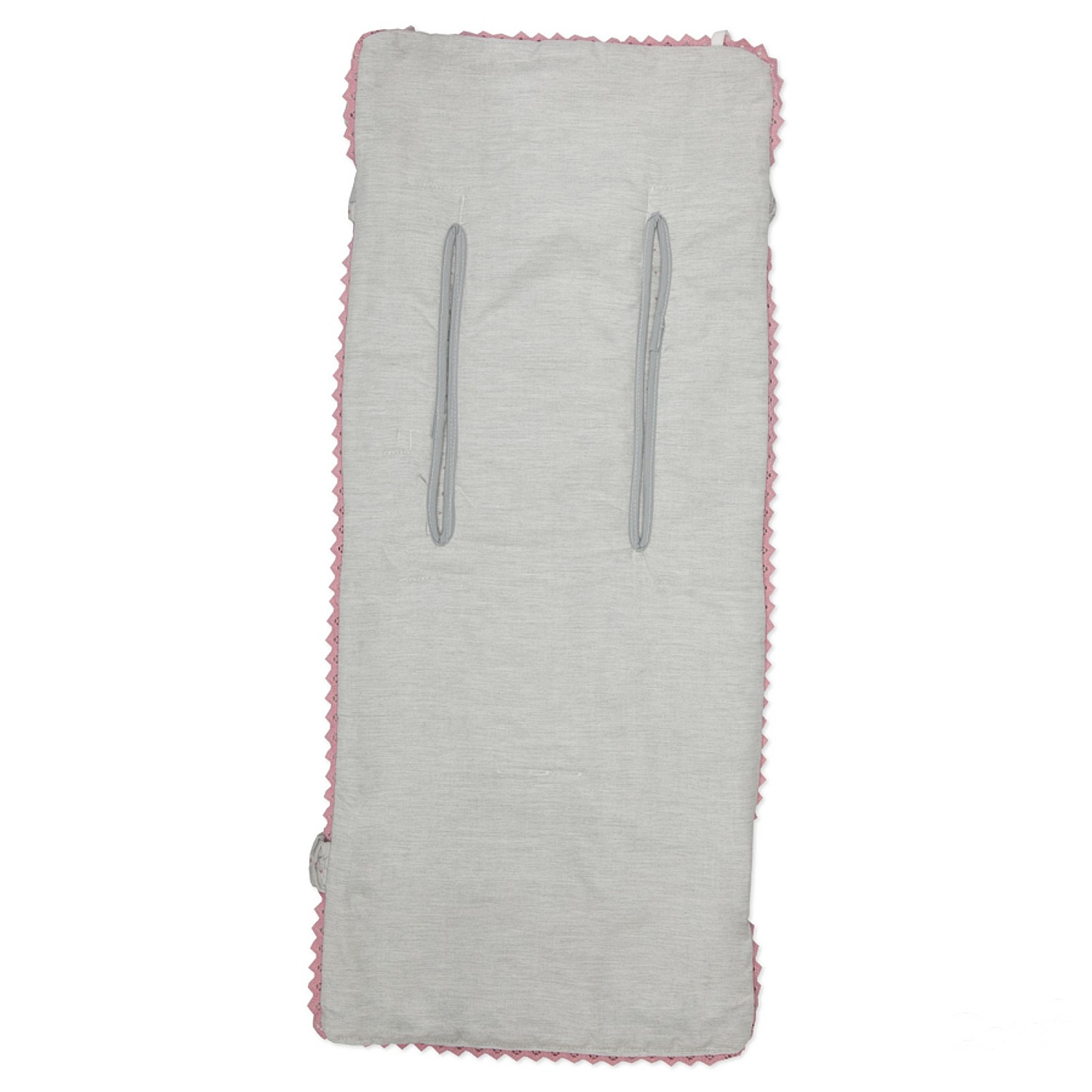 Una manta gris para bebé con ribete rosa y dos bandas grises verticales para correas, sobre fondo blanco.