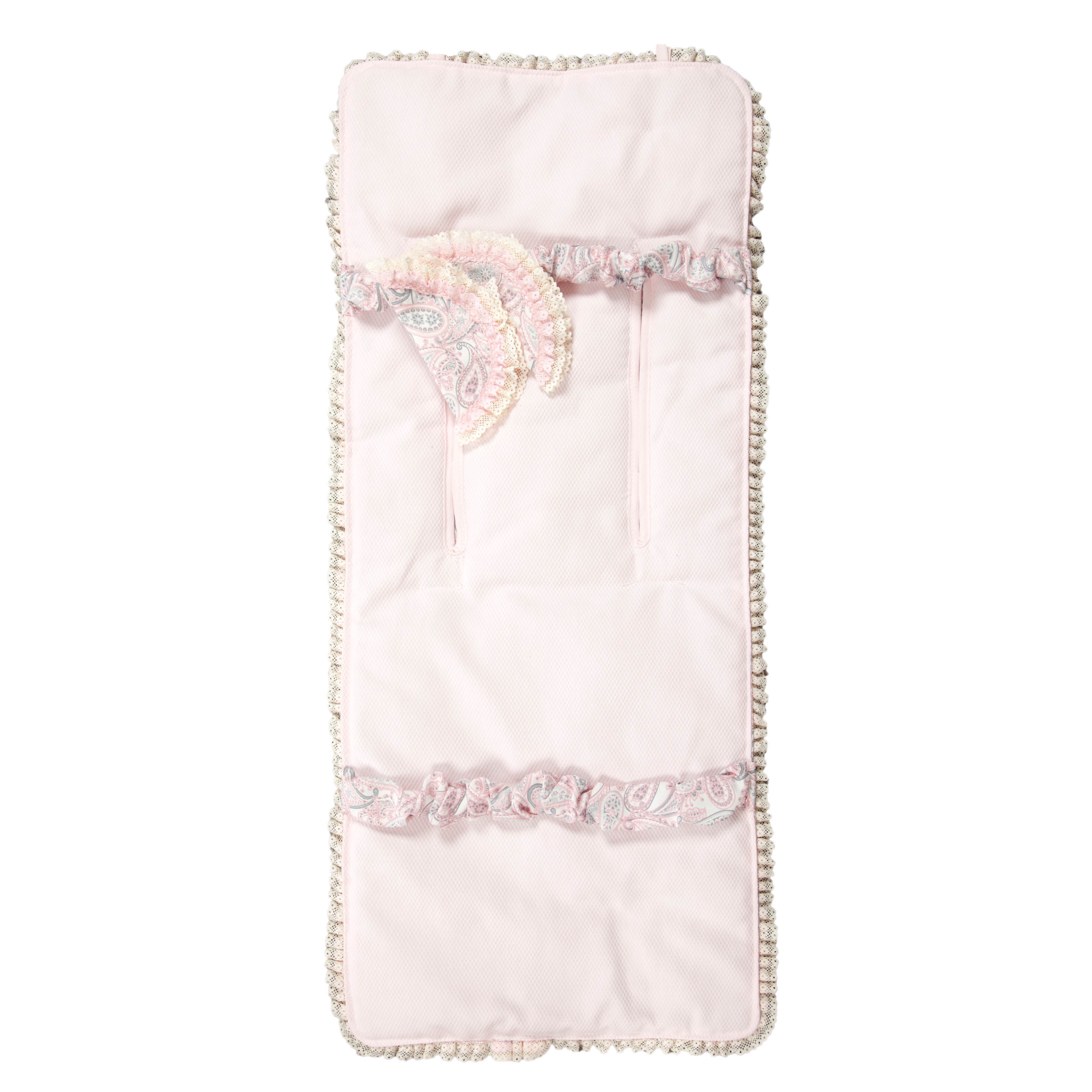 Inserto rosa para cochecito de bebé con encaje y estampados de cachemira.