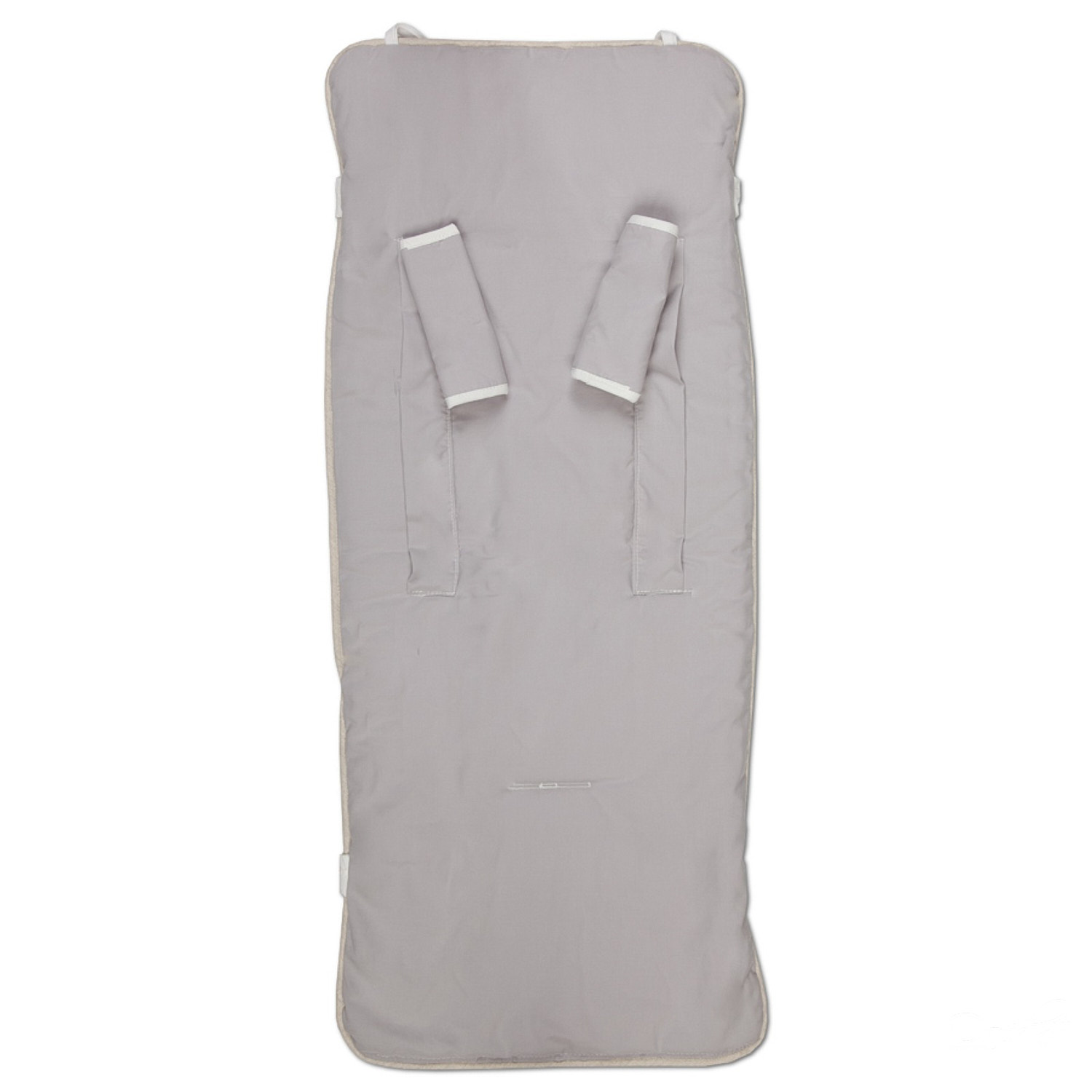 Inserto gris para asiento de coche de bebé con ribete blanco y dos aberturas para correas.