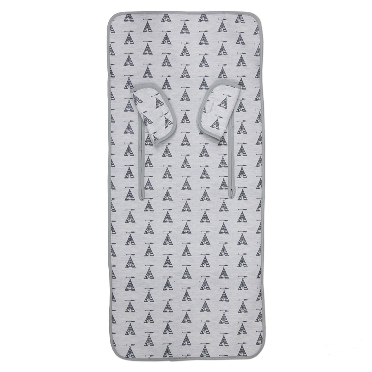 Cambiador para bebés con estampado de tipis. Colores gris y blanco, con soportes para la cabeza a juego.
