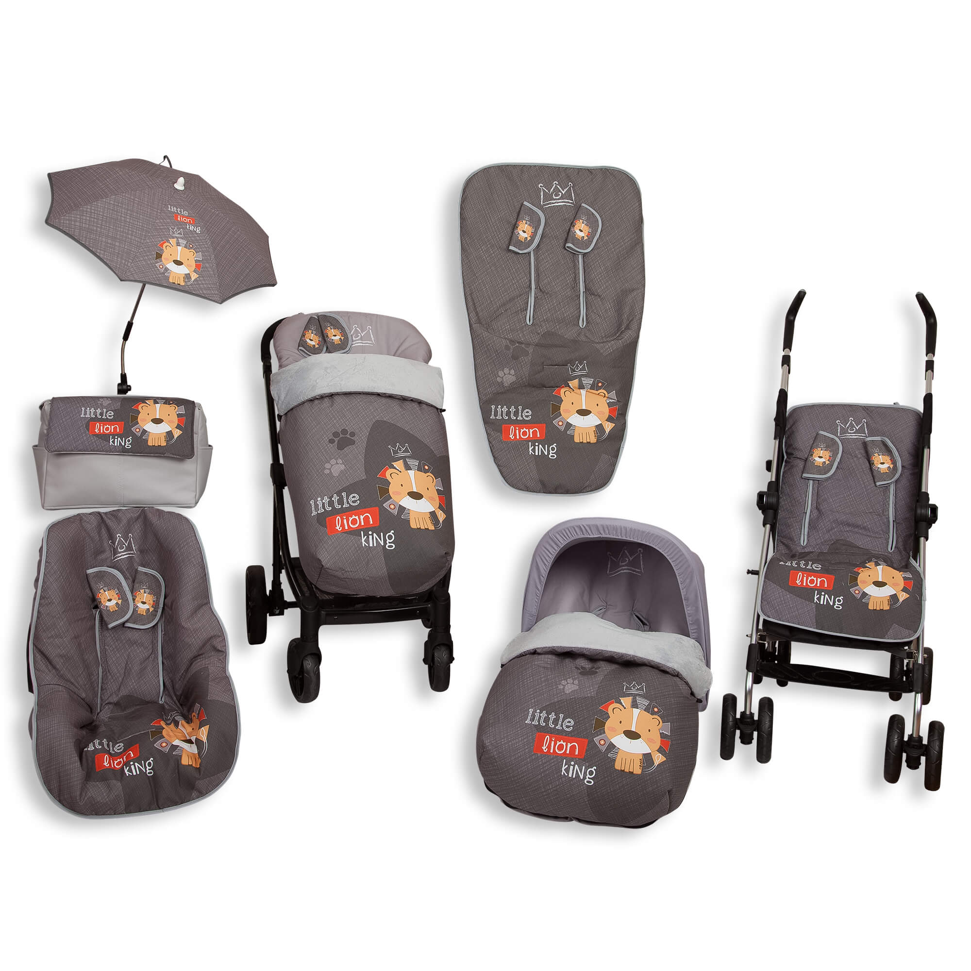 Un conjunto de artículos para bebés grises con diseño de león, incluyendo un cochecito, portabebés y accesorios.