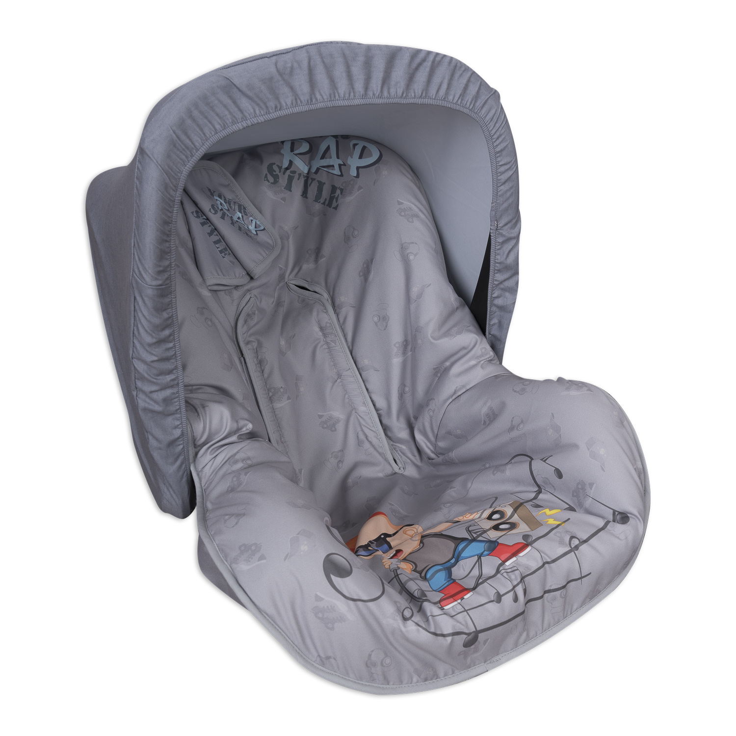Silla de coche para bebé, gris y azul. Tiene un diseño de dibujos animados y las palabras 'RAP STYLE'. Vista superior.