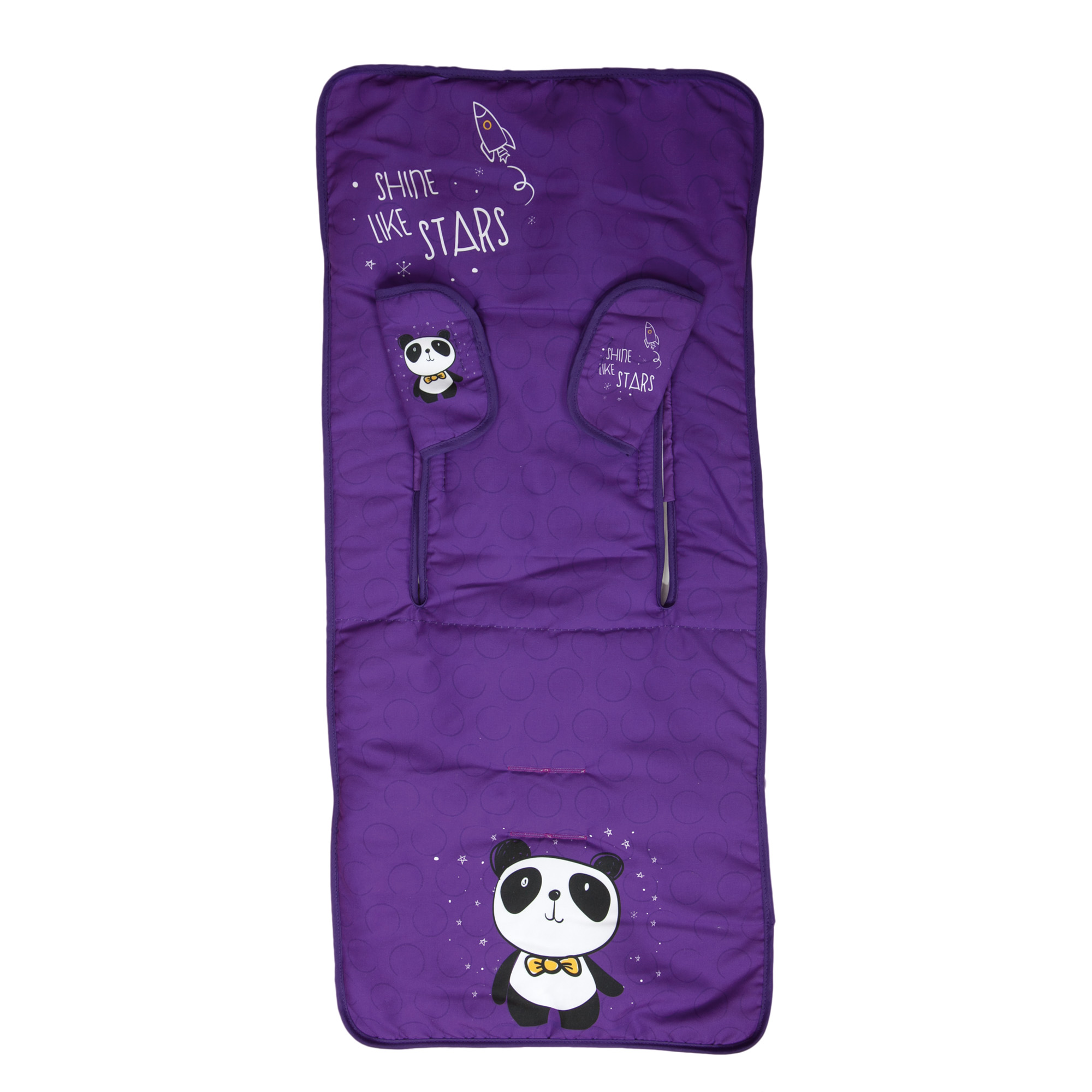 Saco para pies de bebé morado. Cara de panda y texto 'Shine like Stars'. Gráfico de cohete.