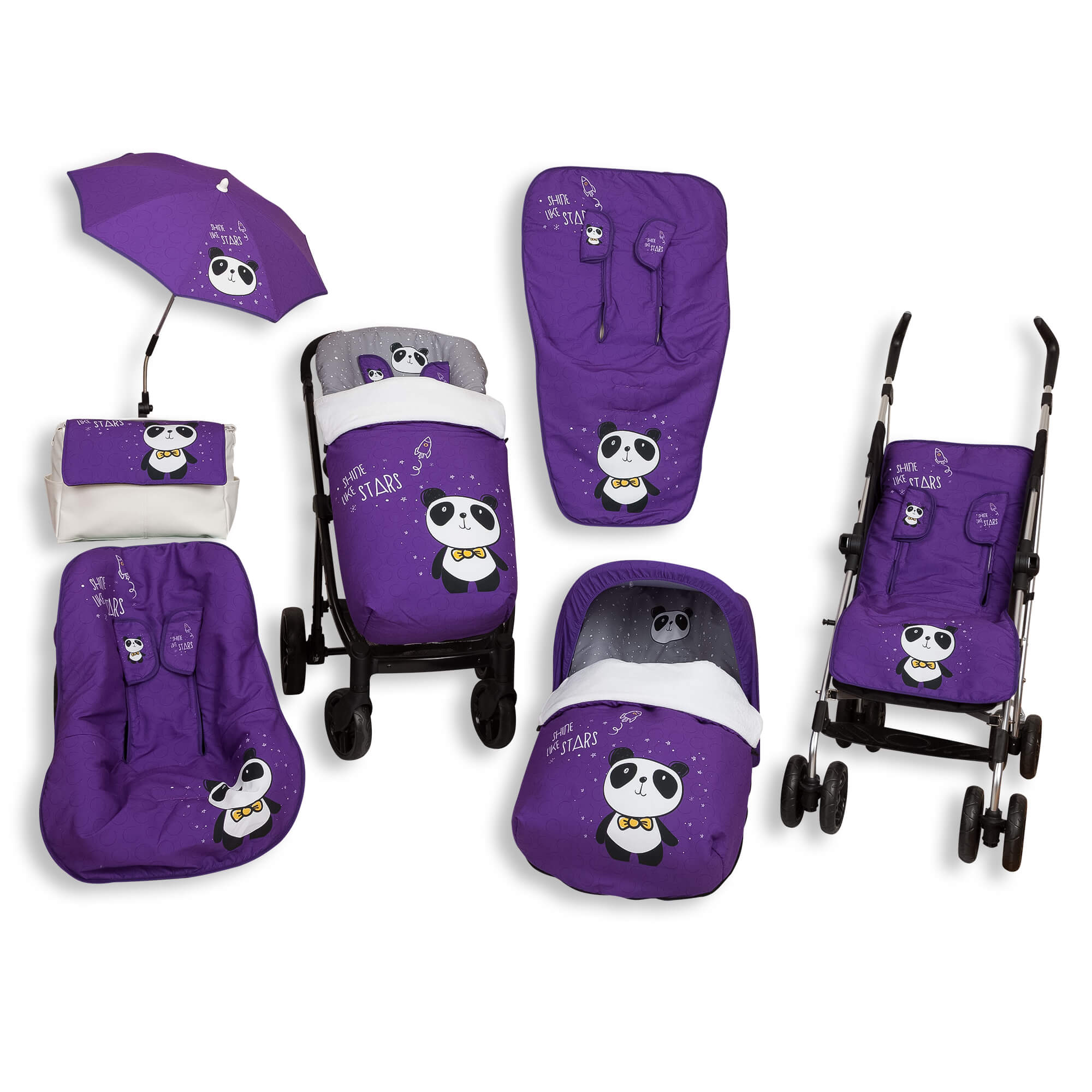 Set de cochecito panda morado con accesorios, fondo blanco.