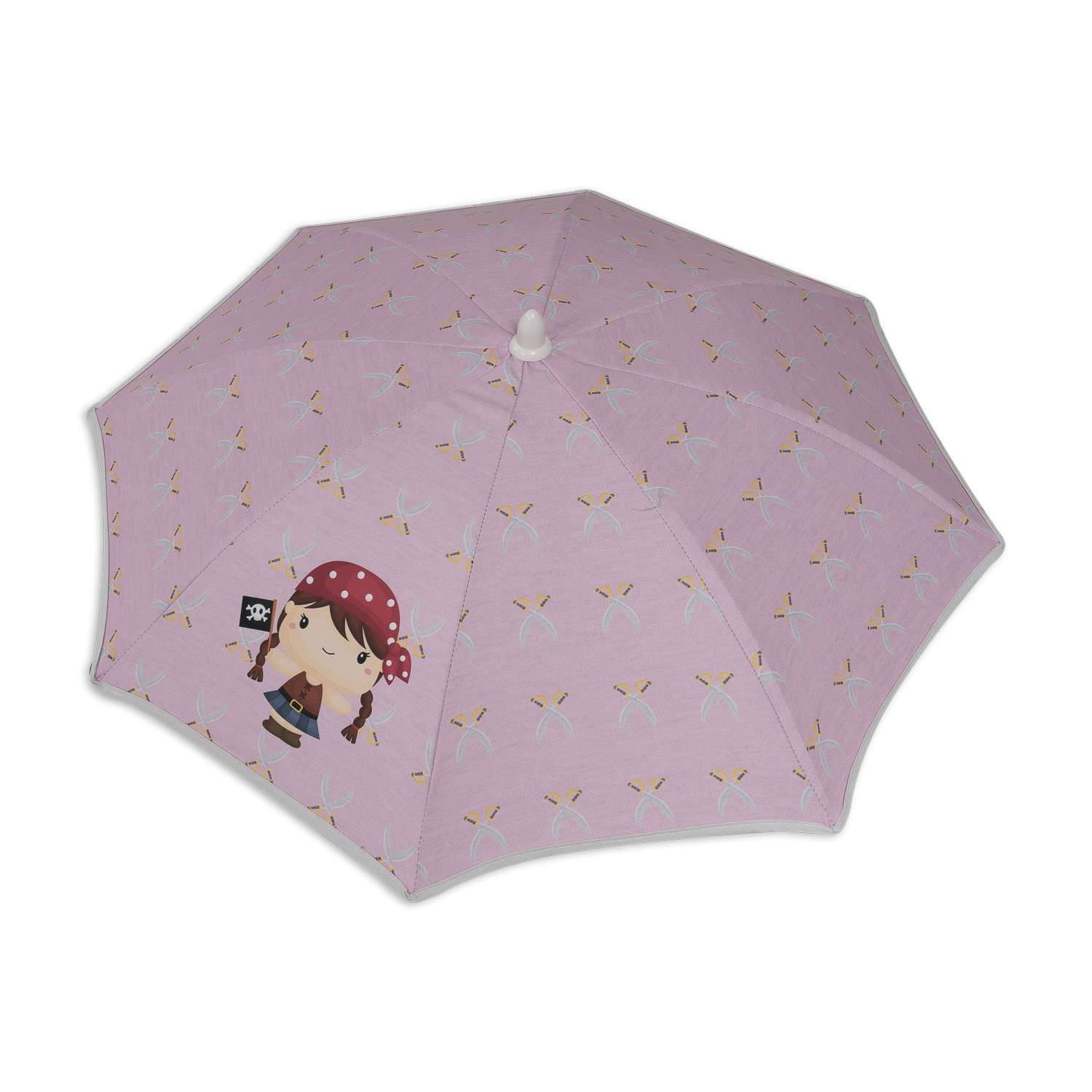Paraguas rosa con ilustración de niña pirata. Patrón de cruces y calaveras.