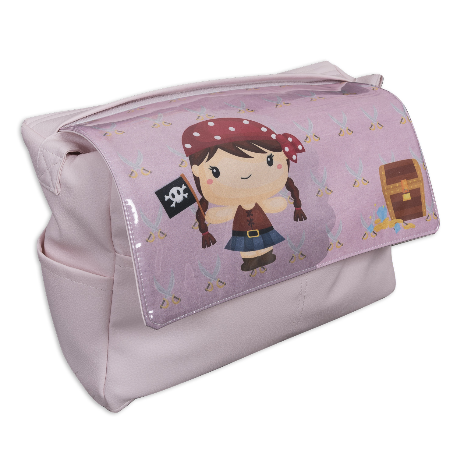 Bolso de bebé rosa con diseño de niña pirata. Imagen de dibujos animados en la parte delantera. Fondo blanco.