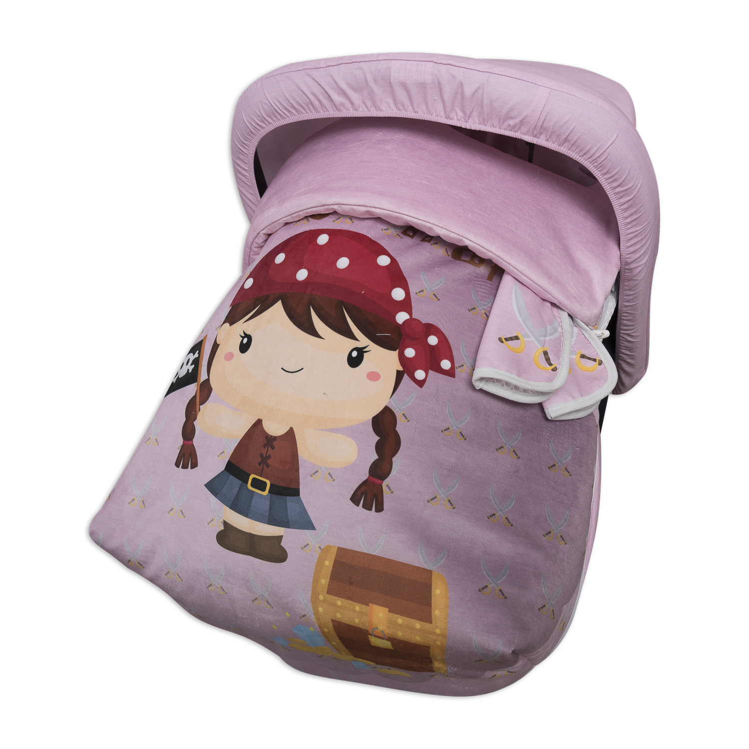 Portabebés rosa con ilustración de dibujos animados de piratas. Fondo blanco.