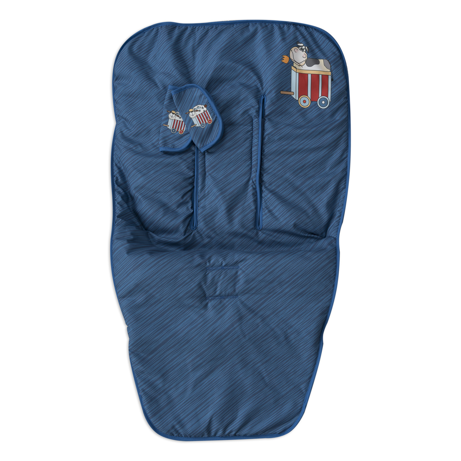 Inserto de asiento de bebé azul. Diseño de vaca y tren. Reposacabezas a juego, con tema azul y blanco.