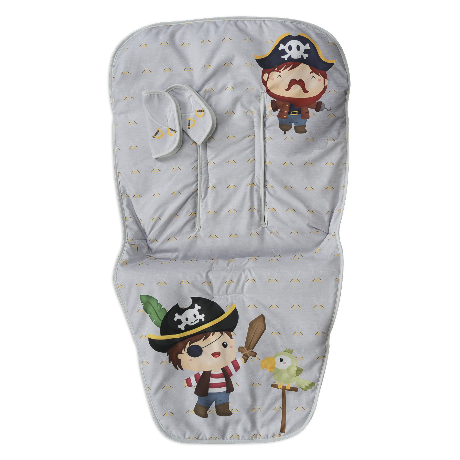 Alfombra de bebé gris con ilustraciones de piratas. Presenta dos piratas, un loro y una espada. Bordes blancos.