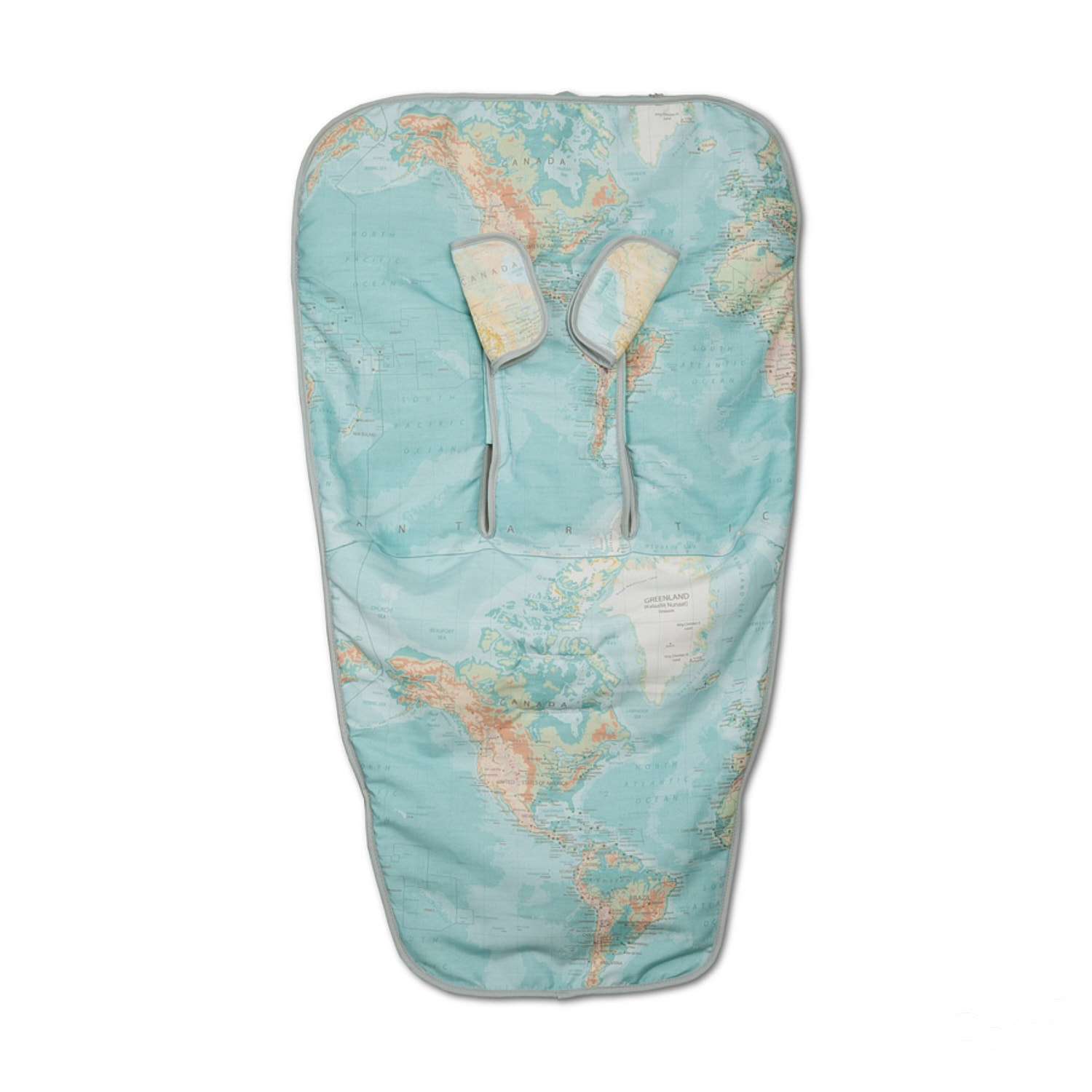 Cambiador para bebés con diseño de mapa del mundo. Base azul claro, fondo blanco, con correas para almohadas.