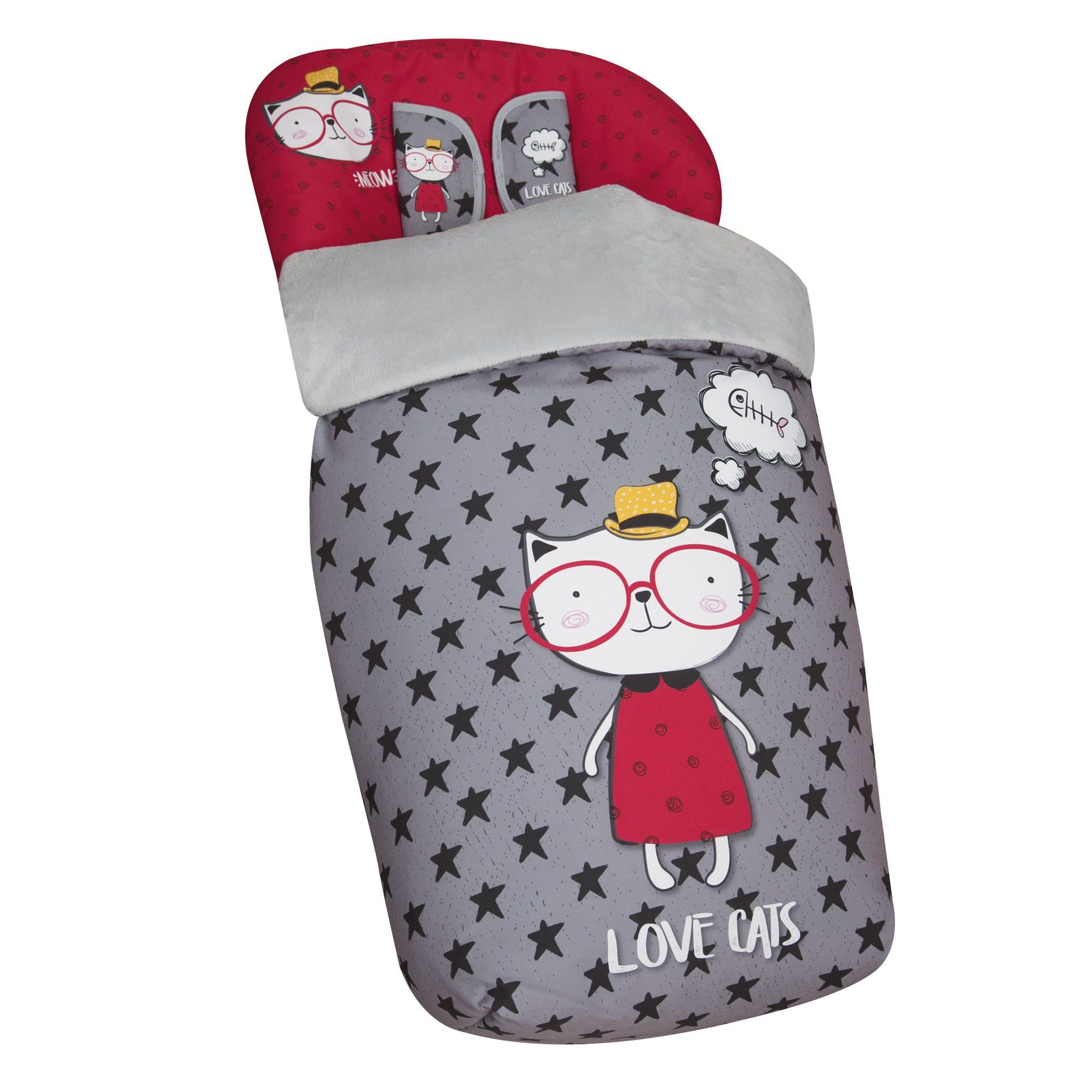 Inserto de cochecito con diseño de gato. Fondo gris con estrellas negras.