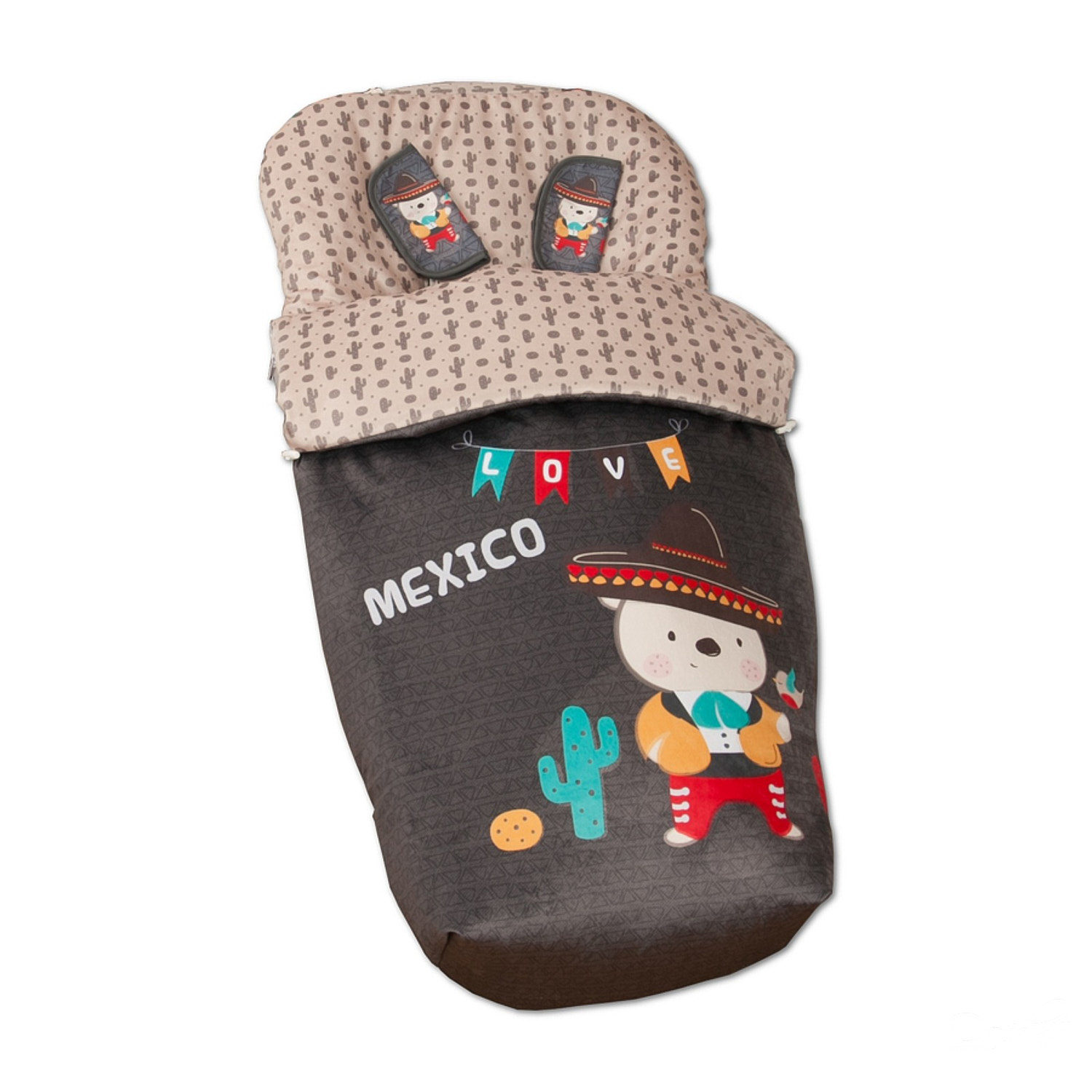 Saco de dormir para bebé con un oso con sombrero y la palabra 'MEXICO' con banderas.