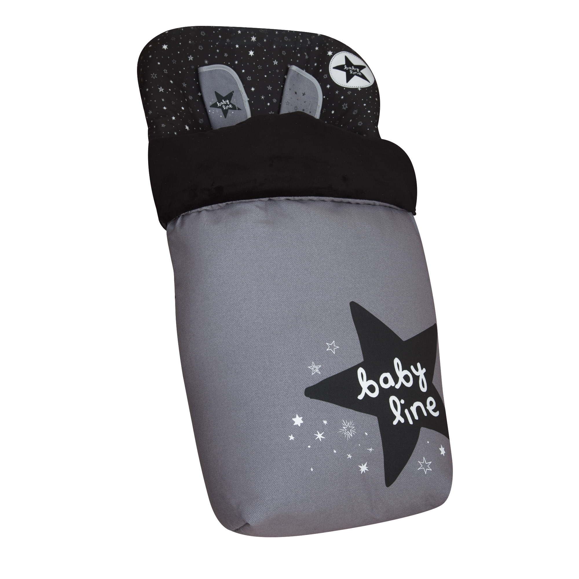 Un saco de dormir gris para bebé con estrellas negras. La parte inferior tiene una gran estrella negra y dice línea de bebé.