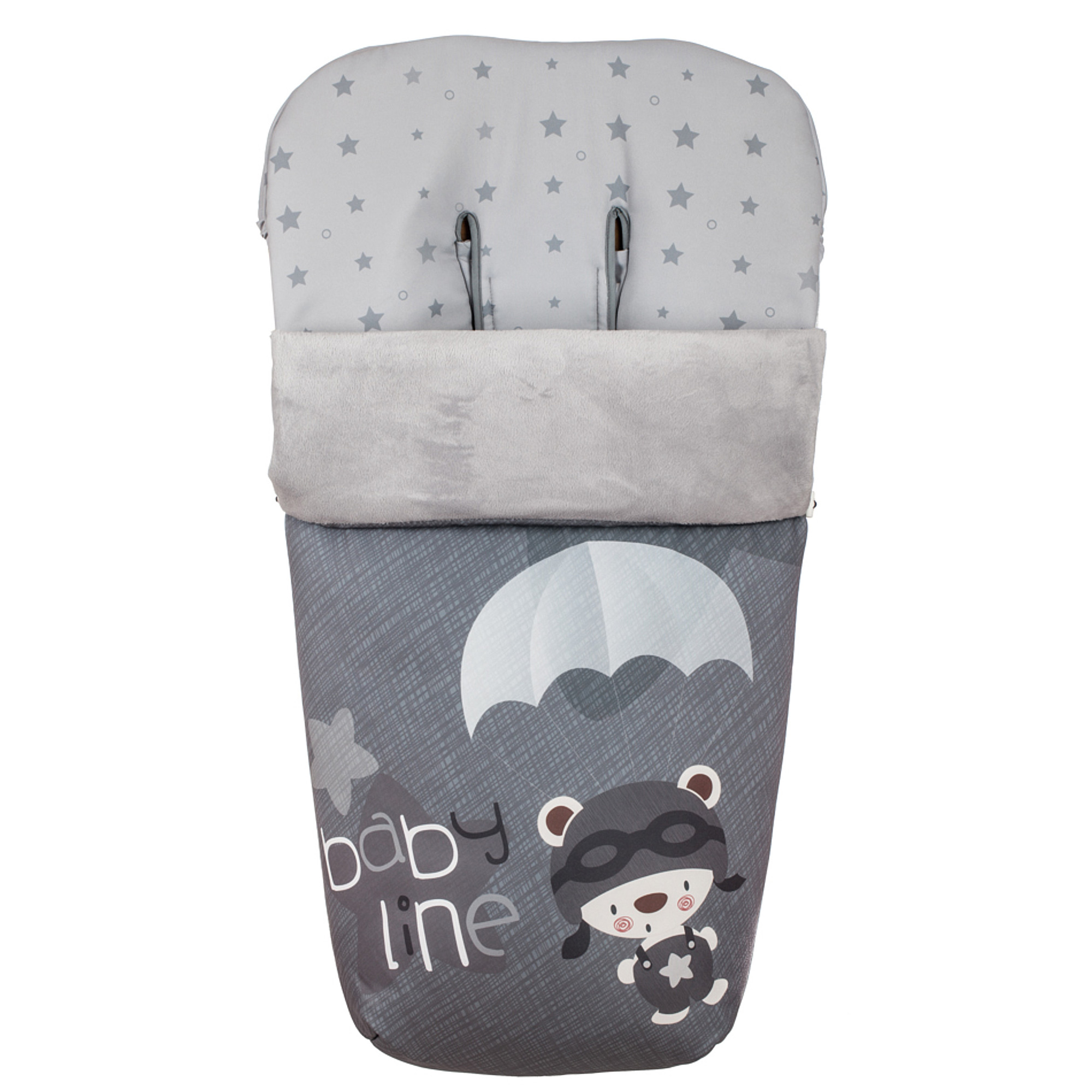 Inserto para cochecito de bebé con ilustración de oso y estrellas. Colores grises y blancos. Fondo blanco.