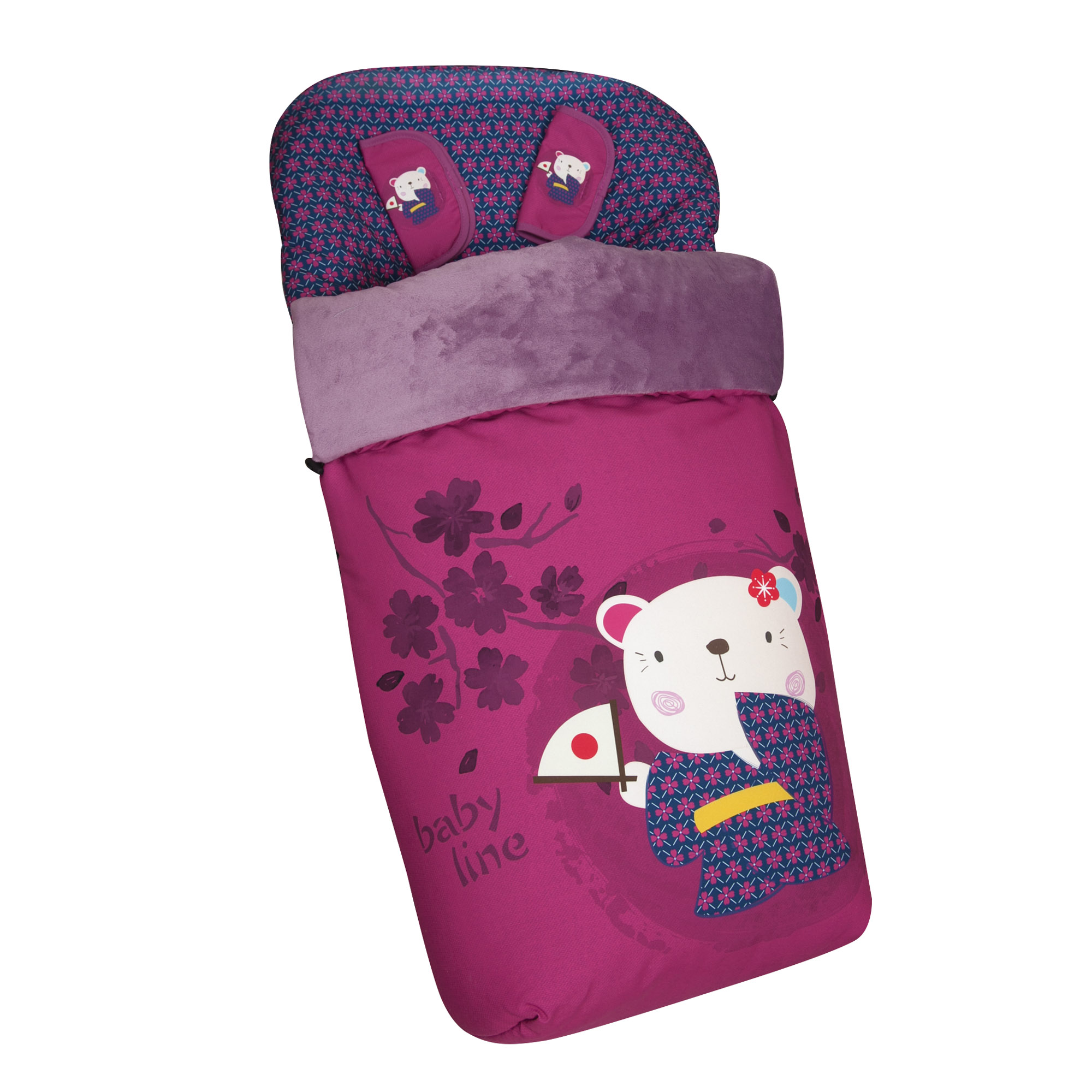 Saco de dormir rosa para bebé con ilustración de oso y flores de cerezo. Colores rosa y morado.