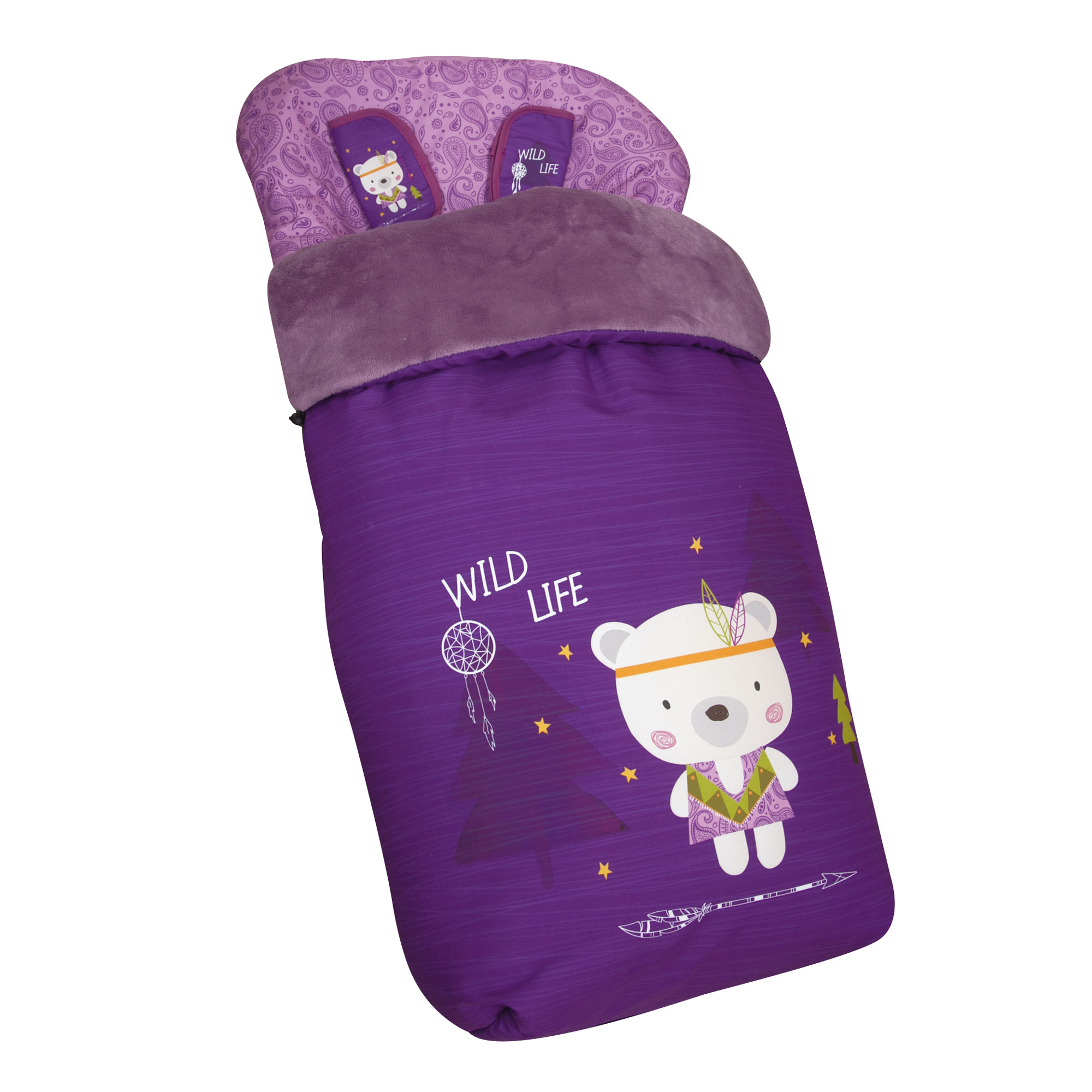 Un saco de dormir morado para bebé con una ilustración de oso y el texto 'WILD LIFE'.