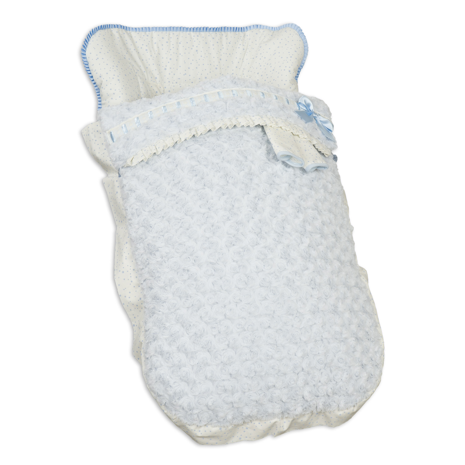 Saco de dormir azul para bebé con encaje blanco y lazo.