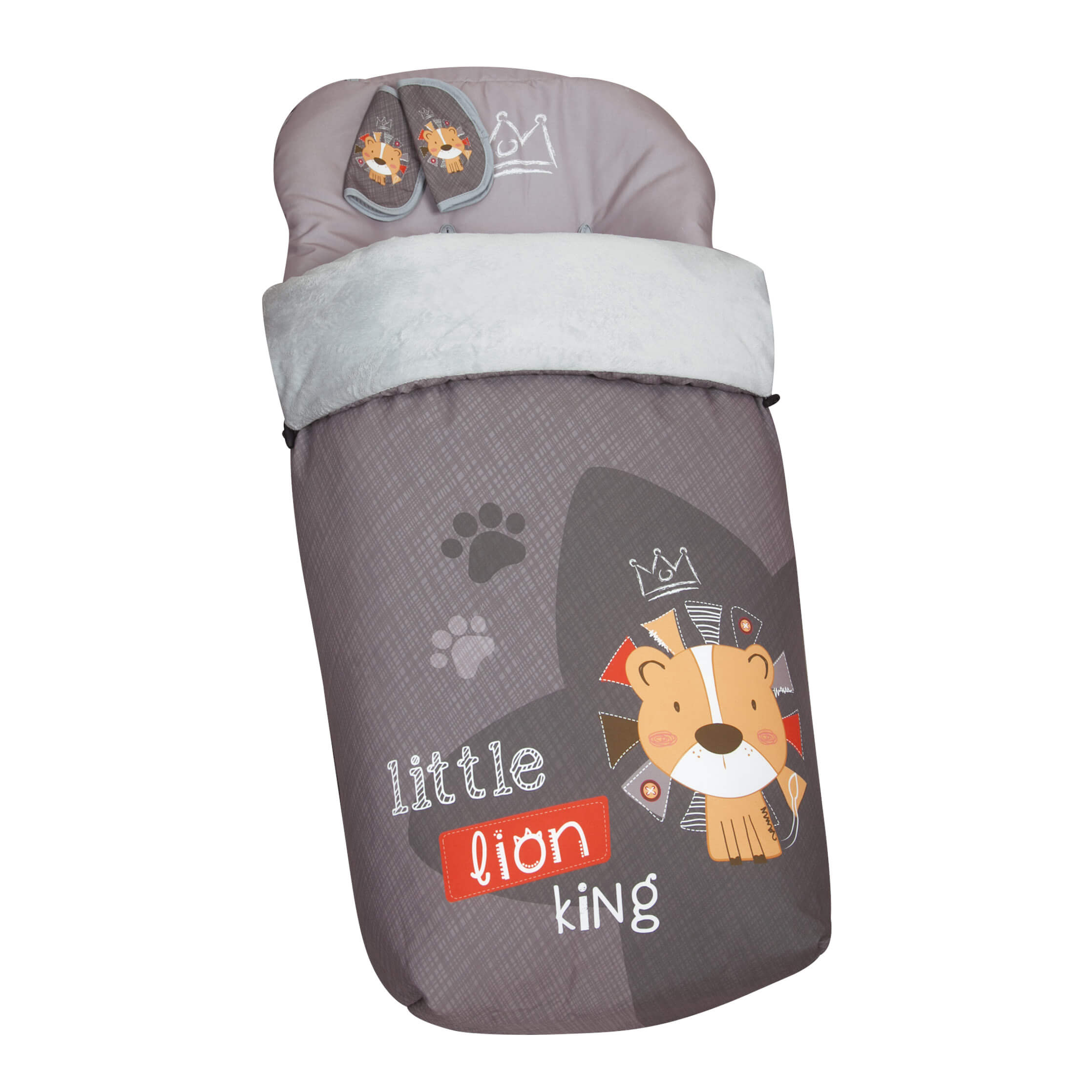 Saco de dormir gris con diseño de león, corona, huellas de pata y las palabras 'little lion king'.