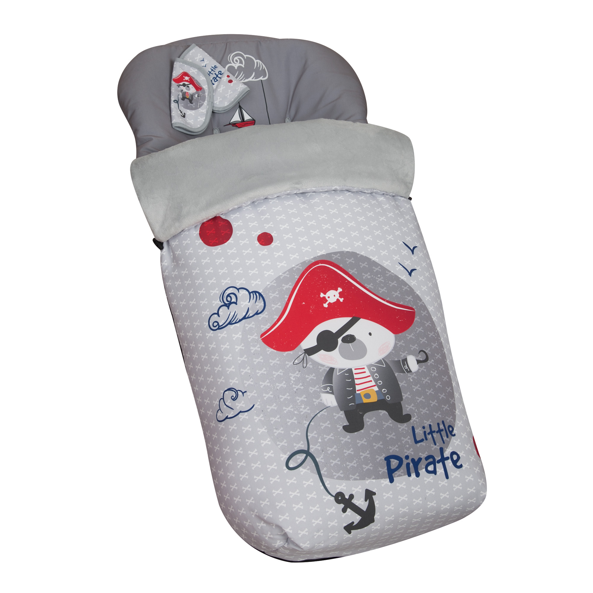 Saco de dormir para bebé con diseño de oso pirata. Colores gris, rojo y blanco. Incluye una almohada.