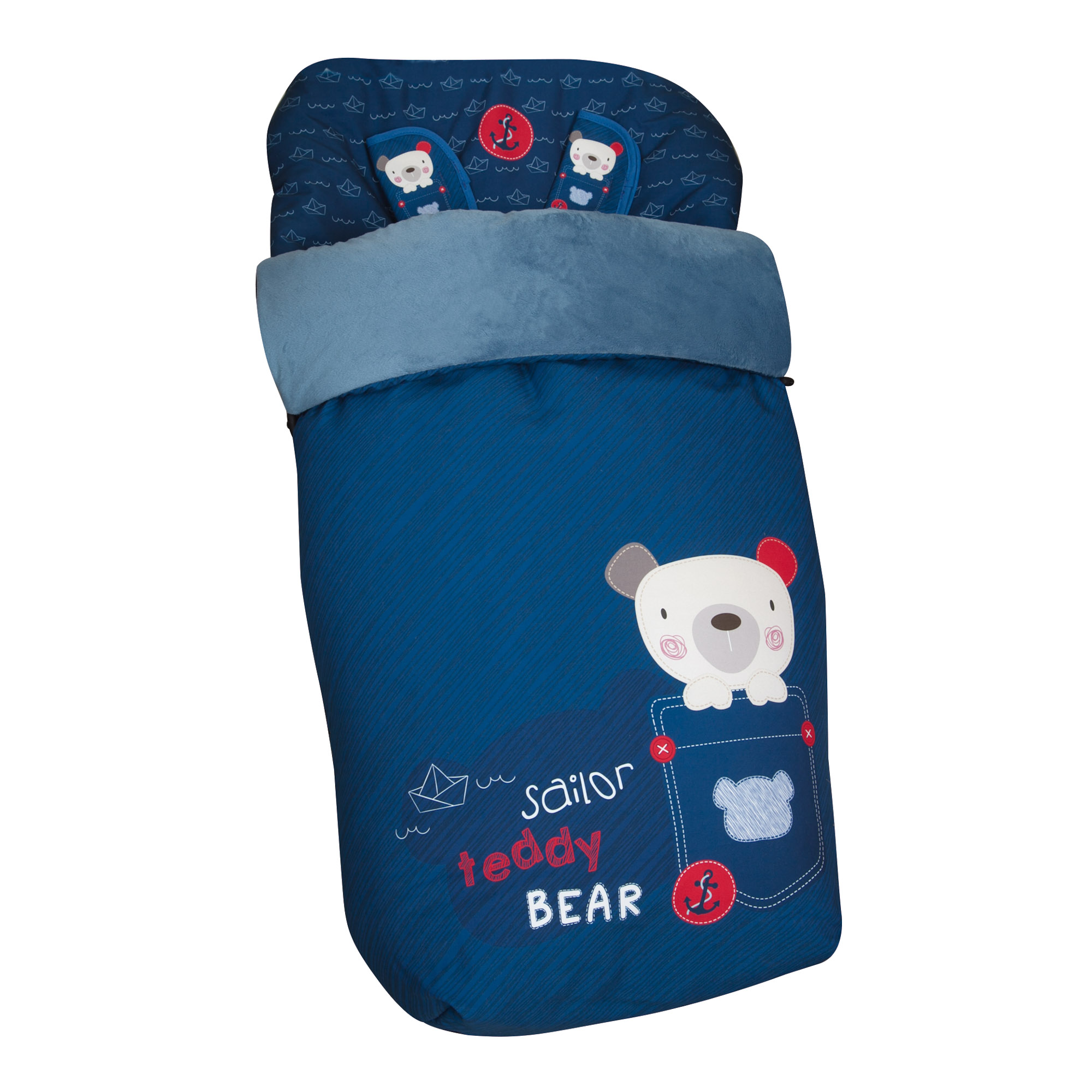 Saco de dormir azul para bebé con diseño de oso en bolsillo.