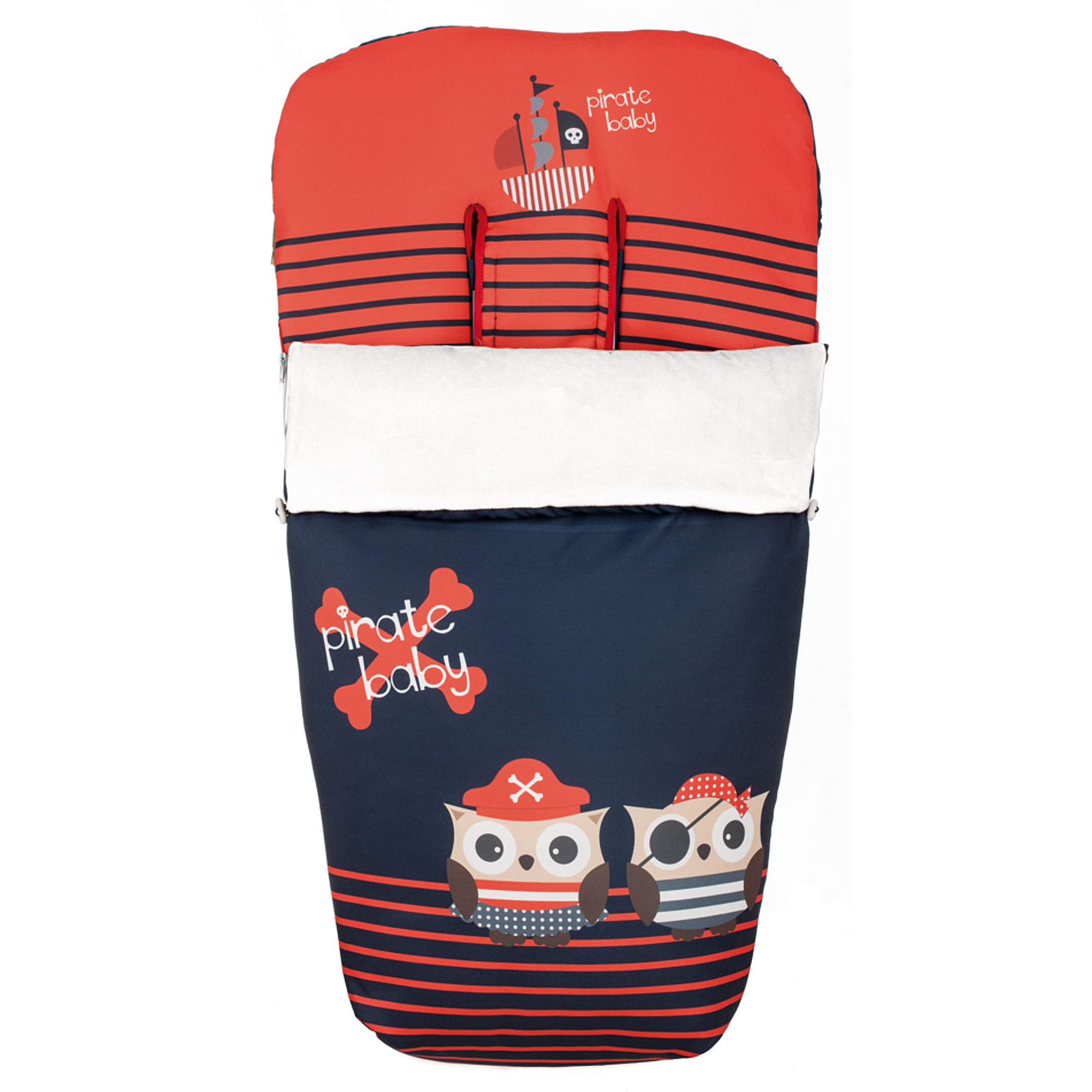 Accesorio de cochecito de bebé pirata rojo y azul marino. Contiene un barco, calavera y dos búhos piratas.