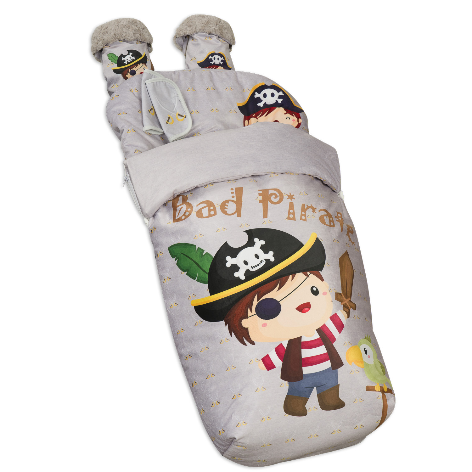 Un saco de dormir para bebé con temática pirata. Gris con una ilustración de pirata de dibujos animados.