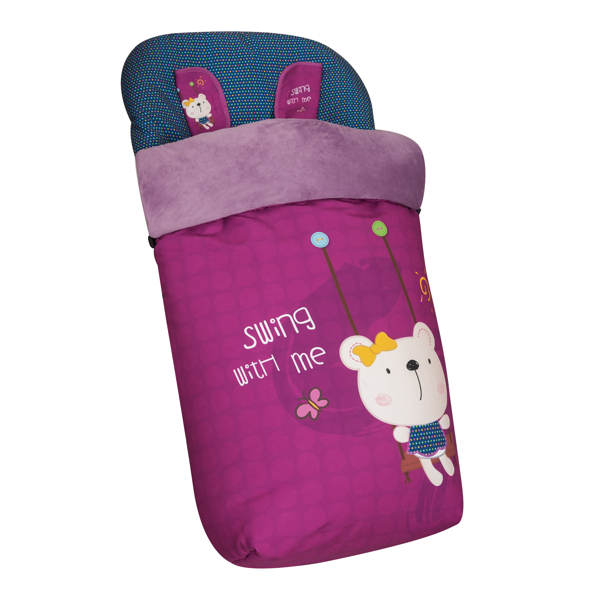 Saco de dormir para bebé con diseño de oso y texto. Fondo blanco.