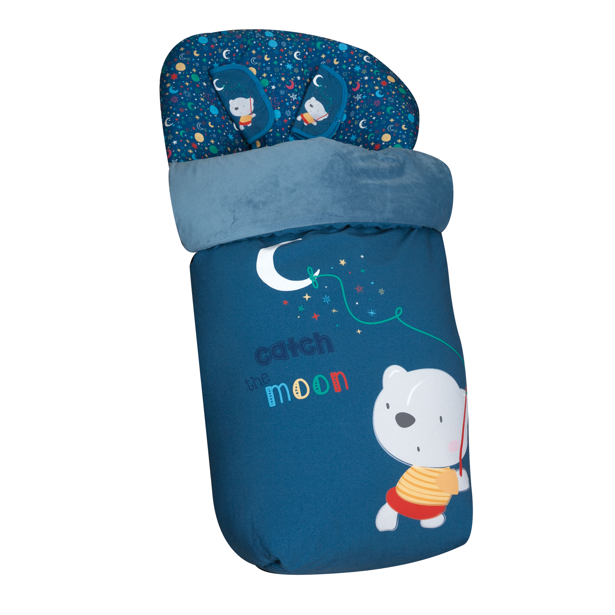 Un saco de dormir azul para bebé con un oso de dibujos animados y la frase "atrapa la luna".