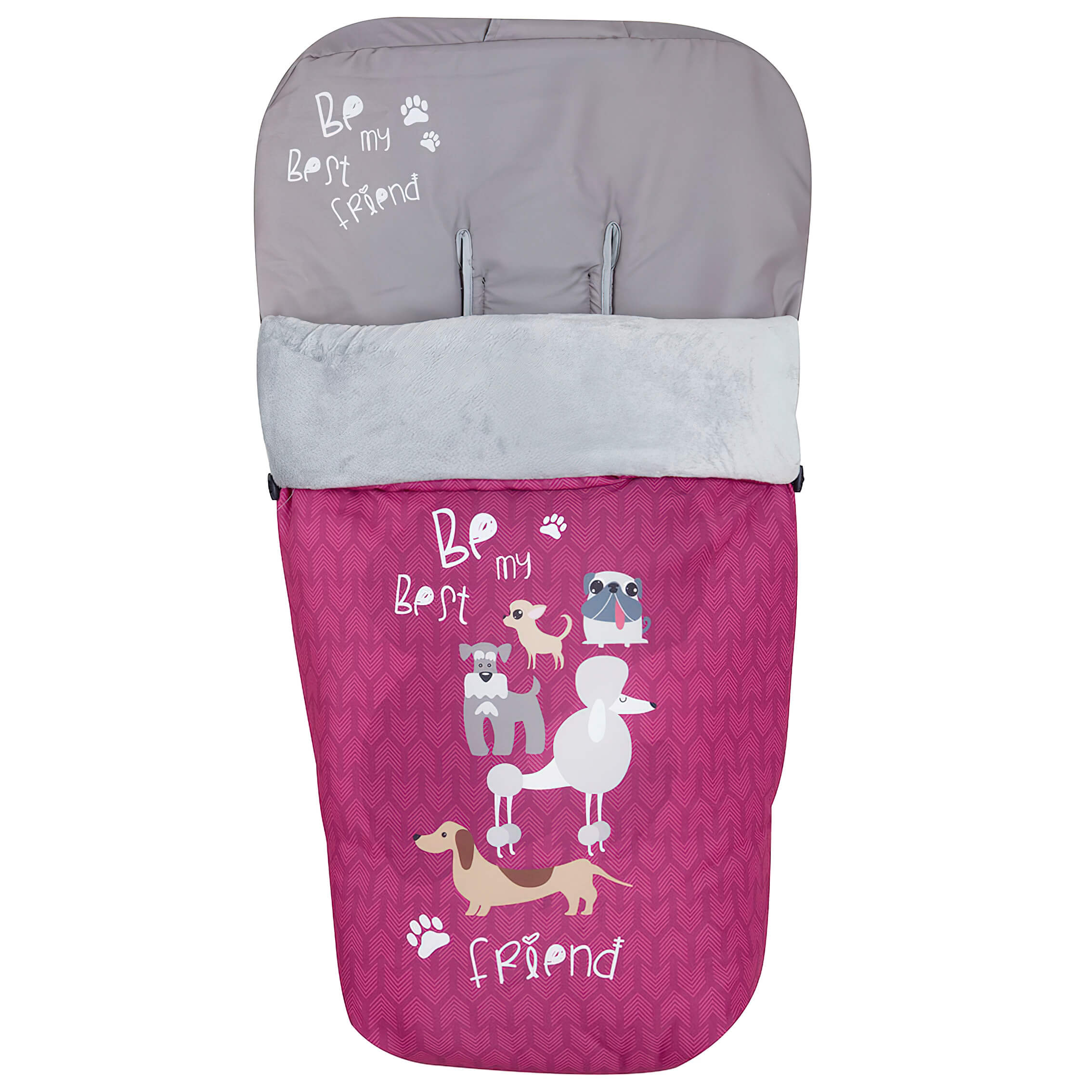 Saco de dormir con diseño de perros. Texto blanco "Be my Best Friend". Fondo rosa.