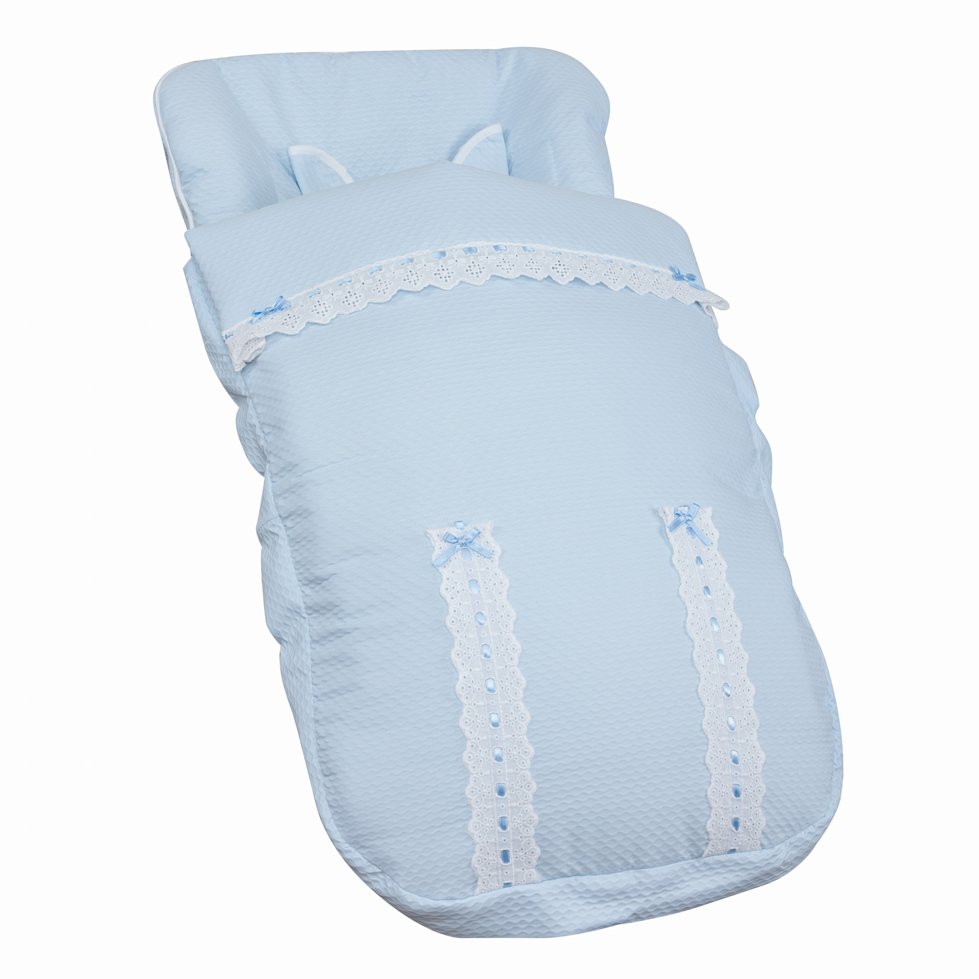 Inserto azul para cochecito de bebé con detalles de encaje blanco y lazos azules.